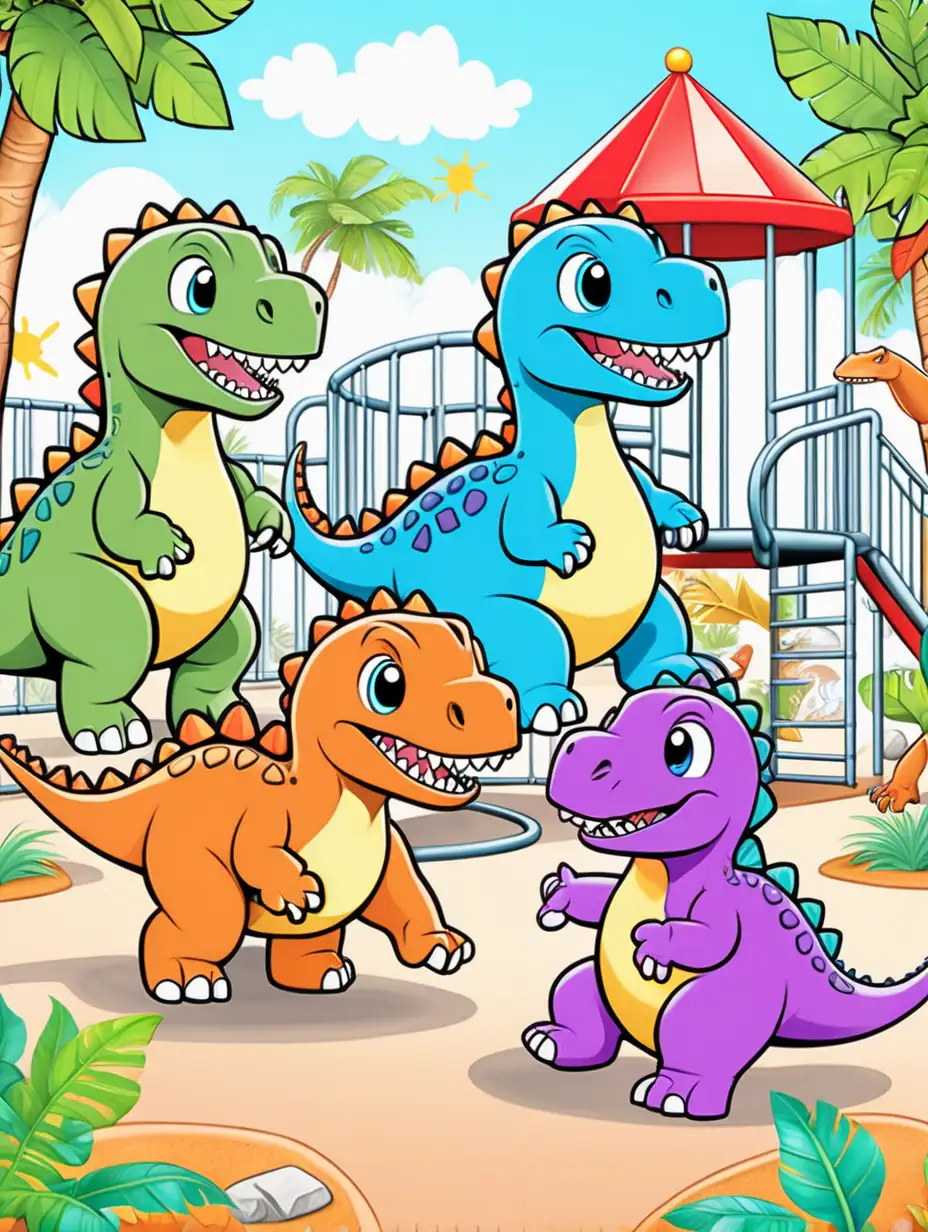  three cute dinosaurs, playing in a playground, vivid color, kids' coloring page
