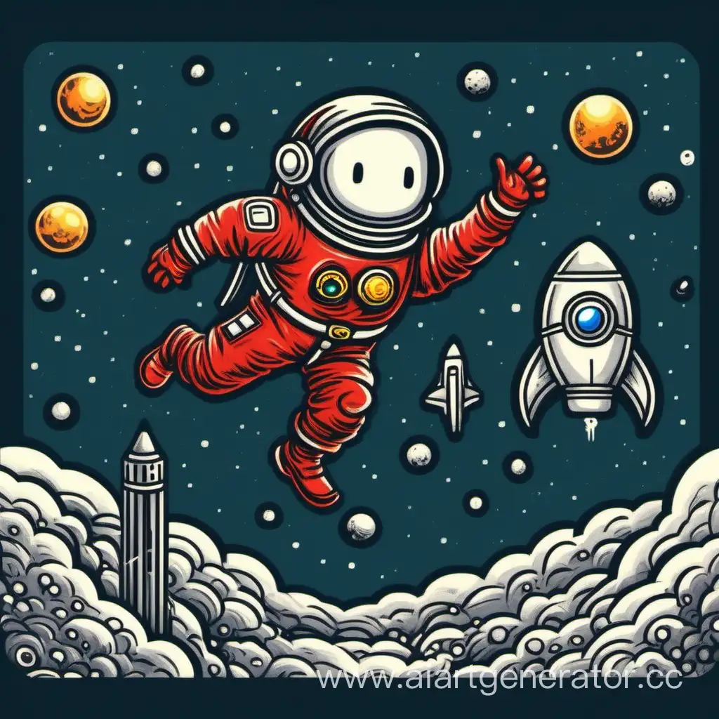 нарисуй иконку для doodle jump, но место него красный космонавт который прыгает по платформам в космосе 