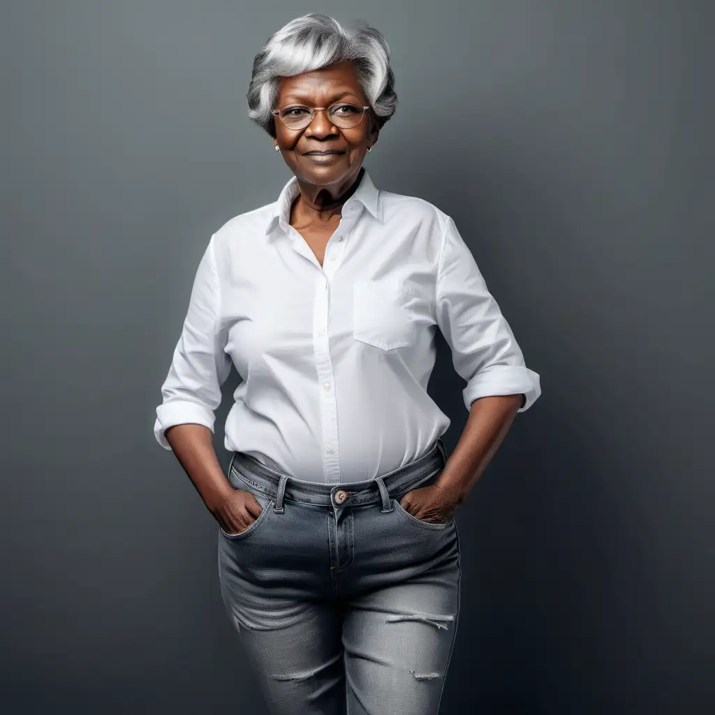 black old woman in jeans and white shirt with gray short hair


