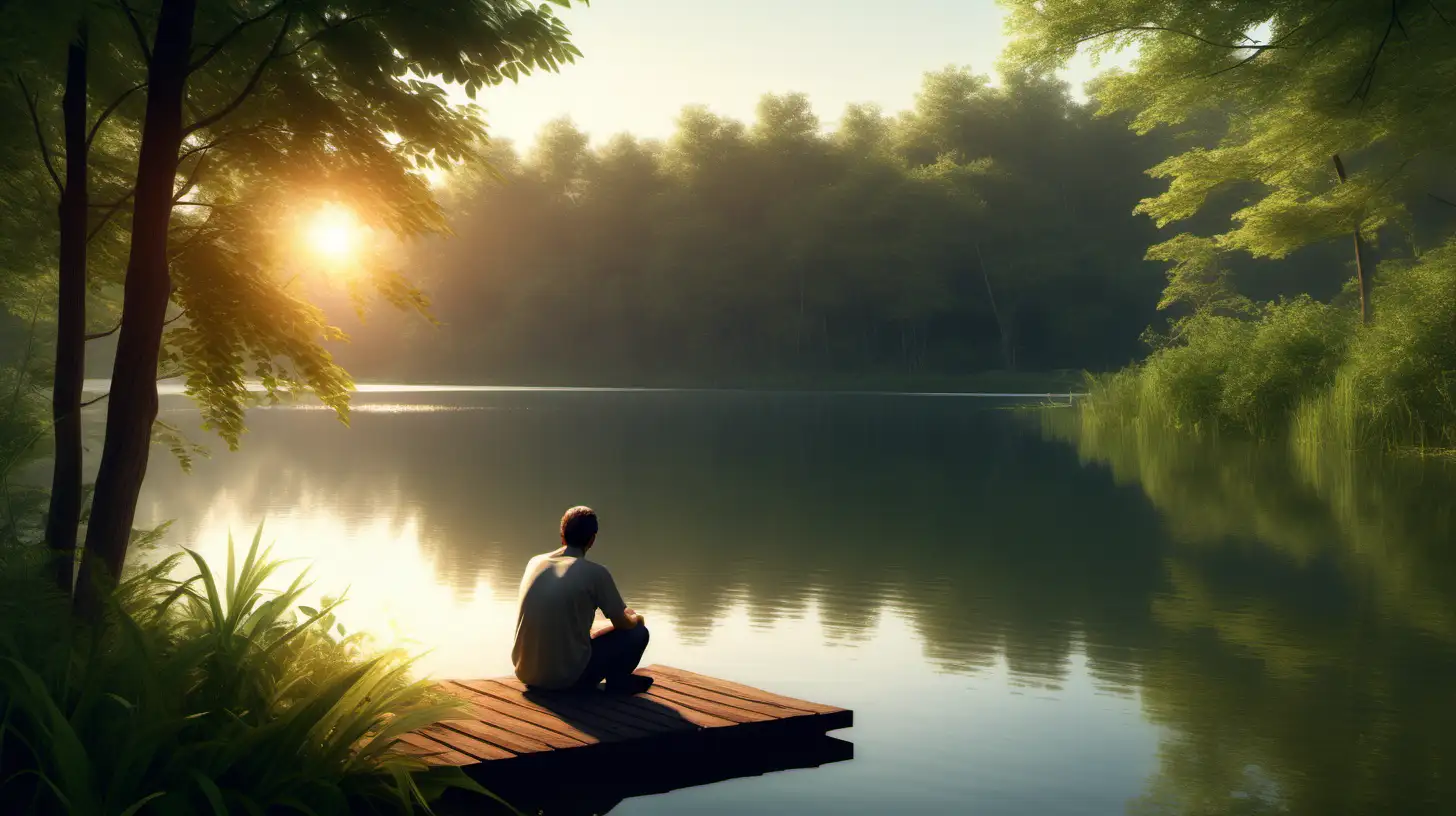 Contemplative Man by Serene Lake at Golden Hour