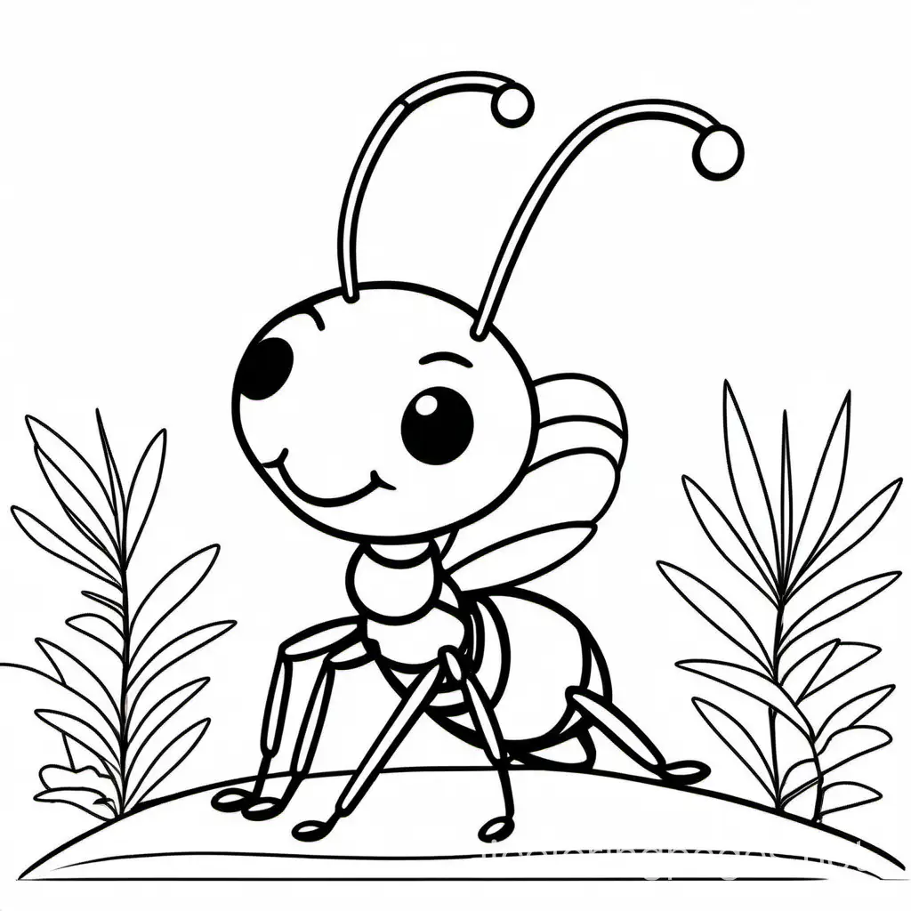 simple black and white cute ant for kids, Coloring Page, black and white, line art, white background, Simplicity, Ample White Space. The background of the coloring page is plain white to make it easy for young children to color within the lines. The outlines of all the subjects are easy to distinguish, making it simple for kids to color without too much difficulty