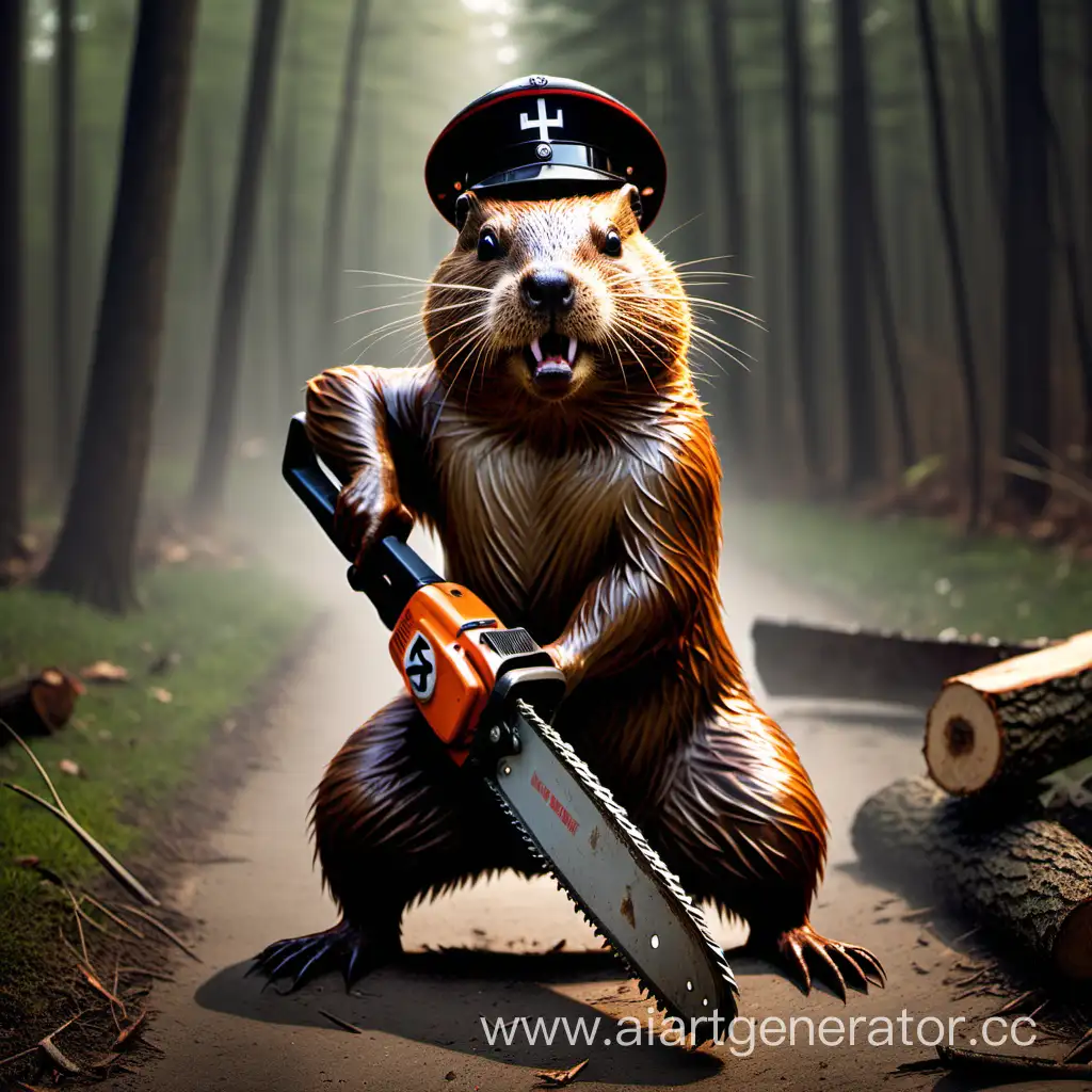 Fierce-Nazi-Beaver-Wielding-Chainsaw-in-Dark-Forest