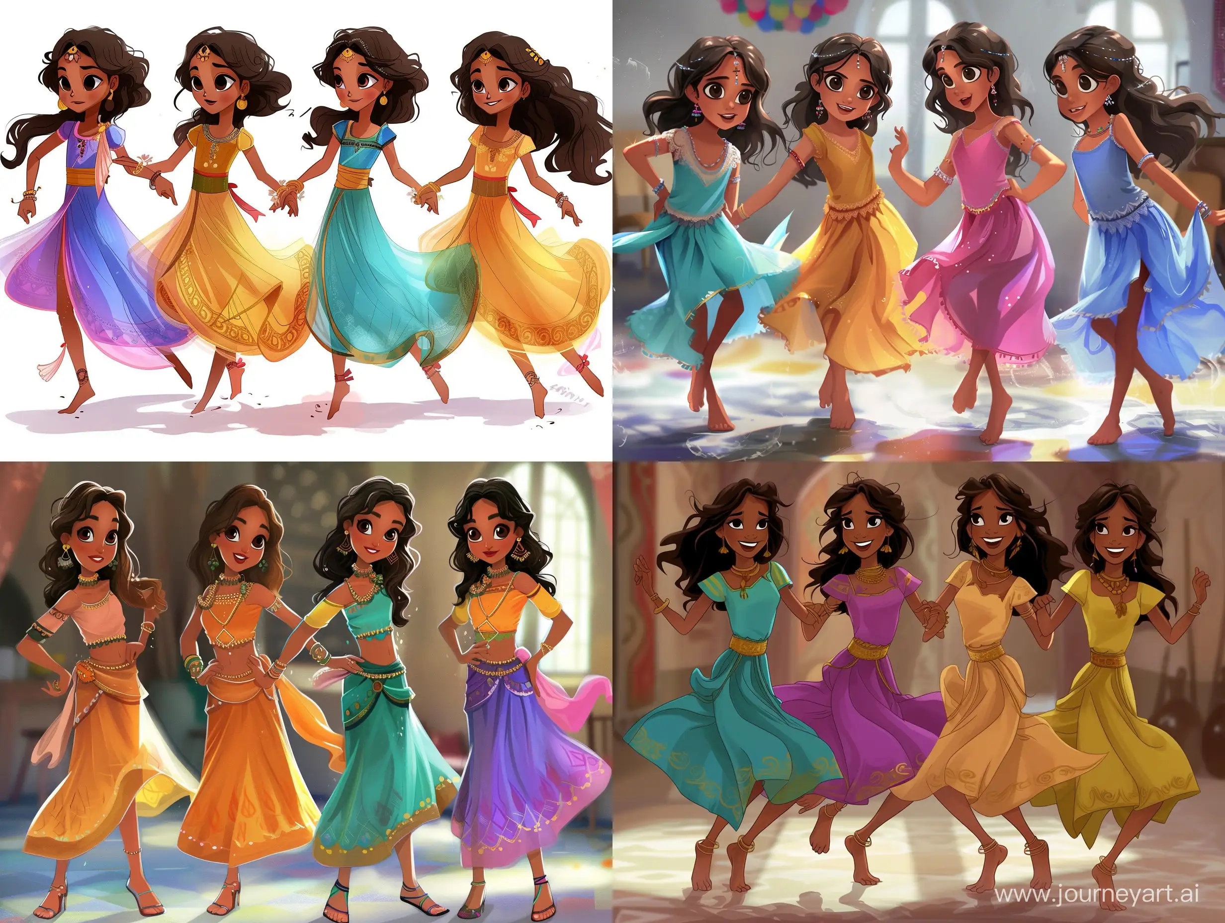 Create sweet four sisters   Afro-indians, using Disney and pixar style, with a  beautiful dark eyes, stuning  and medium dark brown hair, perfect anatomy eyes, gorgeous  medium dresses  colorful colors,  flowing flowy dressed, cute shoes to dancing in the place  Negative Bad anatomy,  bad eyes, bad-picture-chill-75v,ad anatomy, poorly drawn face, out of frame, poor quality, crosseyed, creepy