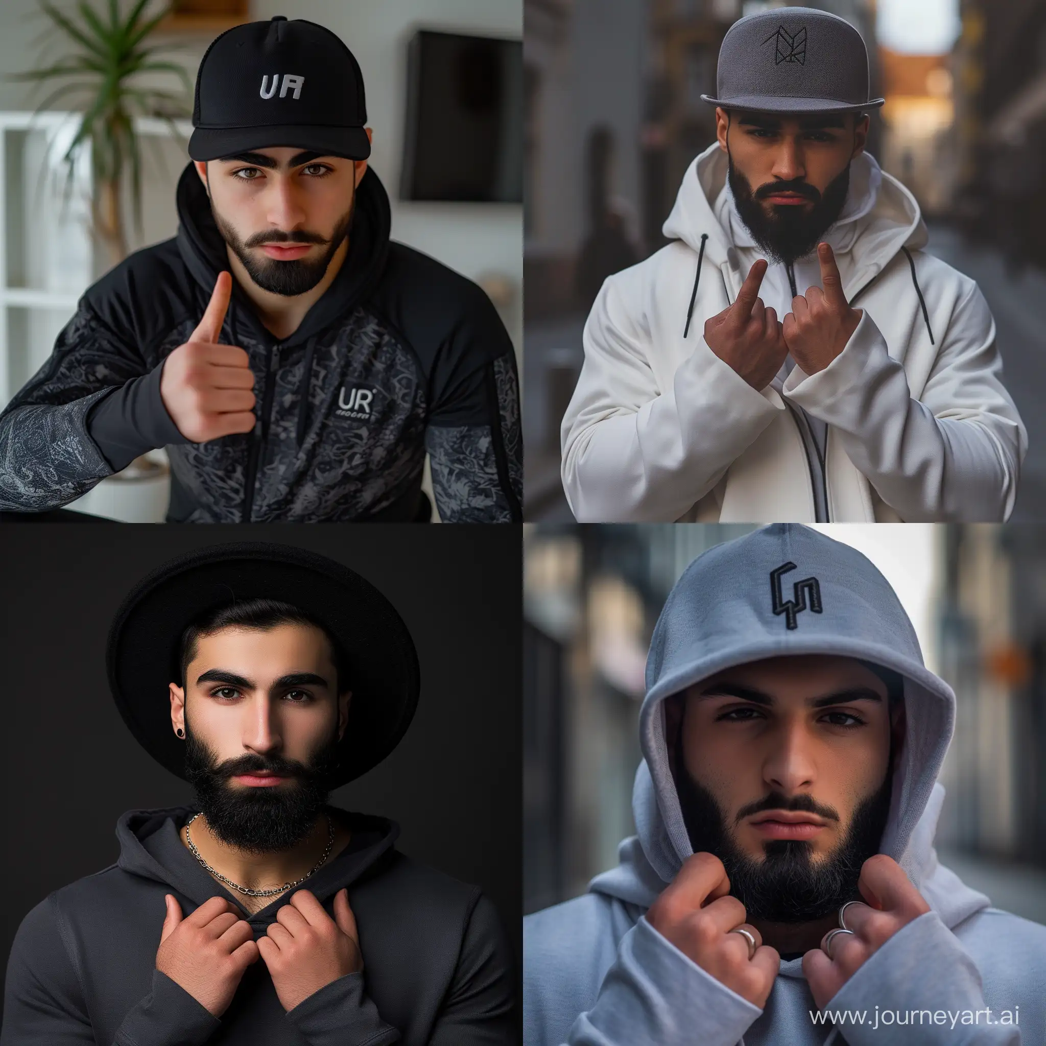 an 22 years attractive boy with a strong pose akin to that of a supermodel, fashion sport dress, fashion hat winter, short black Beard, confidence fingers hands confidence, embodying woman killers, confidence and style,--ar 1:1