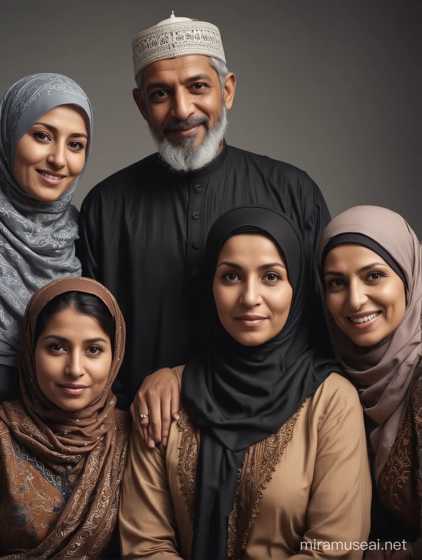 Foto sinematik keluarga muslim 5 orang, terdiri dari pria usia 50 tahun dan 40 tahun, dan 3 wanita usia 55 tahun, 45 tahun, dan 40 tahun, foto realistik super hd.