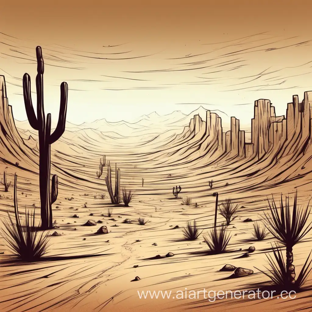 Landscape of a post-apocalyptic desert. Minimalistic style, sketch.