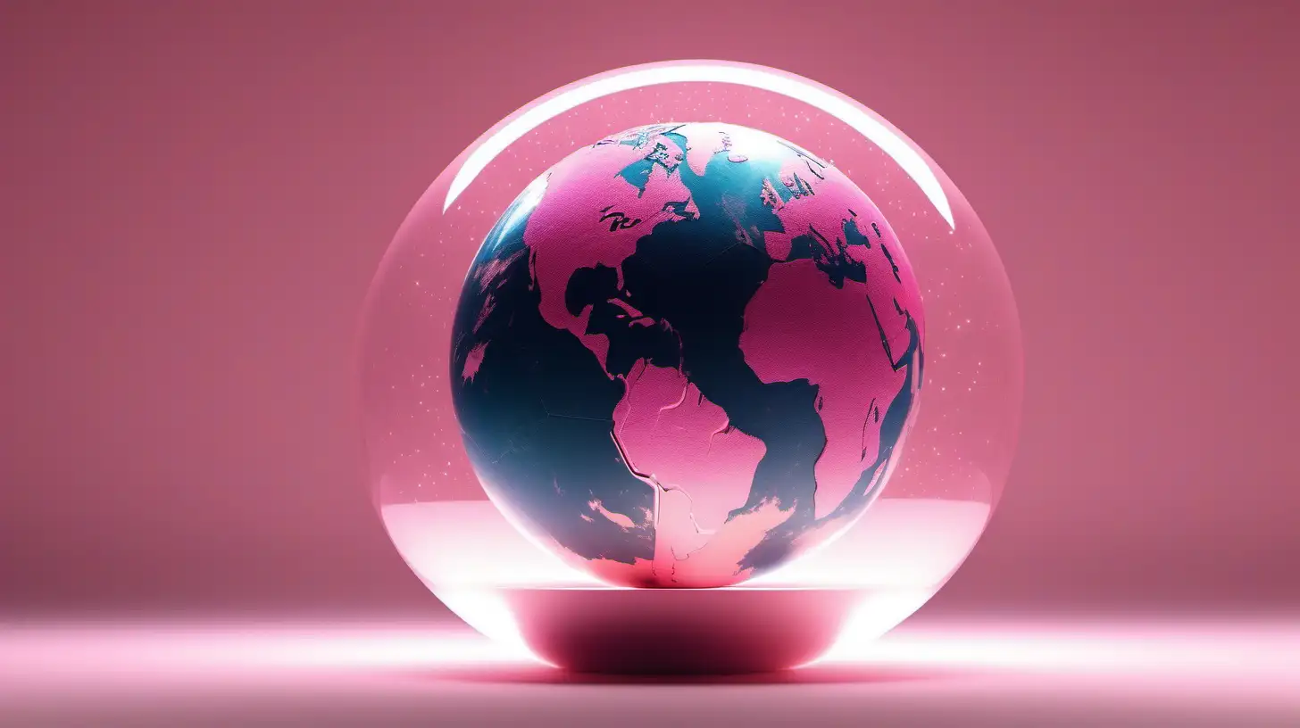 floating luminous Earth sphere, emphasizing care for the planet and its regions, light pink theme.