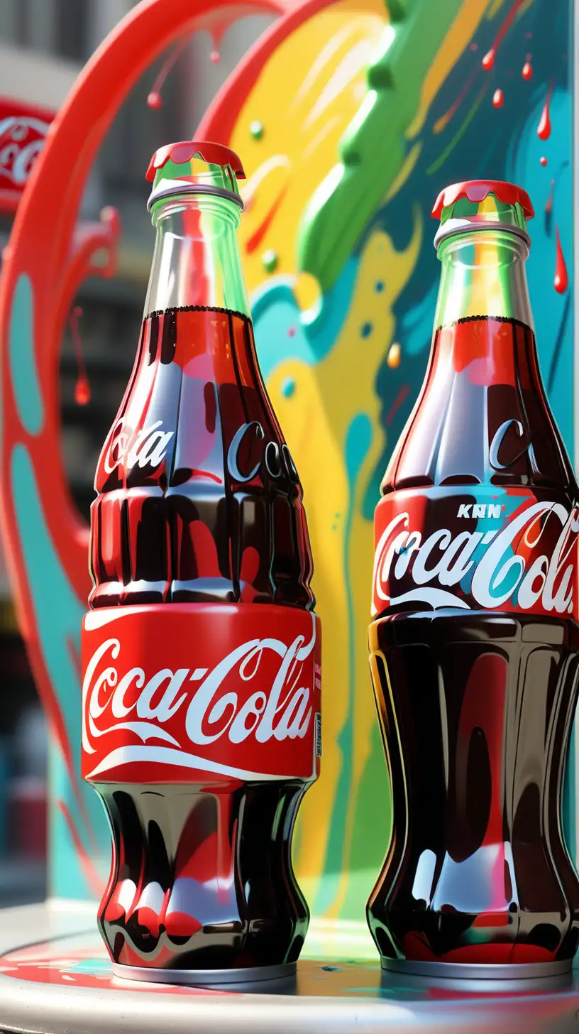 A Coca-Cola bottle and another soda stand side-by-side, but the Coca-Cola is depicted in vibrant colors and dynamic brushstrokes, while the other appears dull and lifeless.