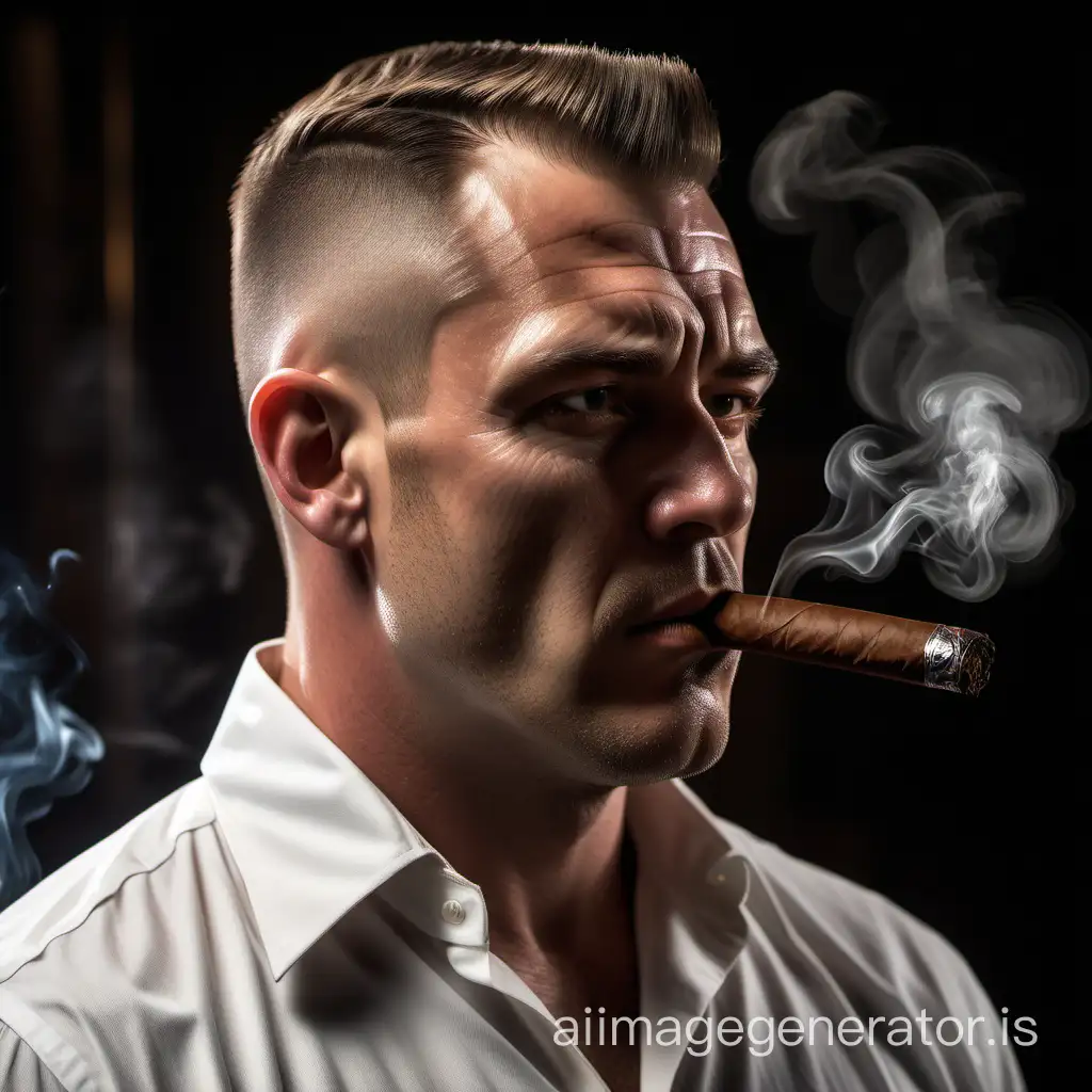 tall, stocky, broad-shouldered man, crew-cut hair, short-sleeved white shirt, smoking a cigar, looking forward, his gaze deep, one eyebrow raised upwards, photorealistic, realism, highly detailed, best quality, raw photo, masterpiece, dramatic lighting scenario