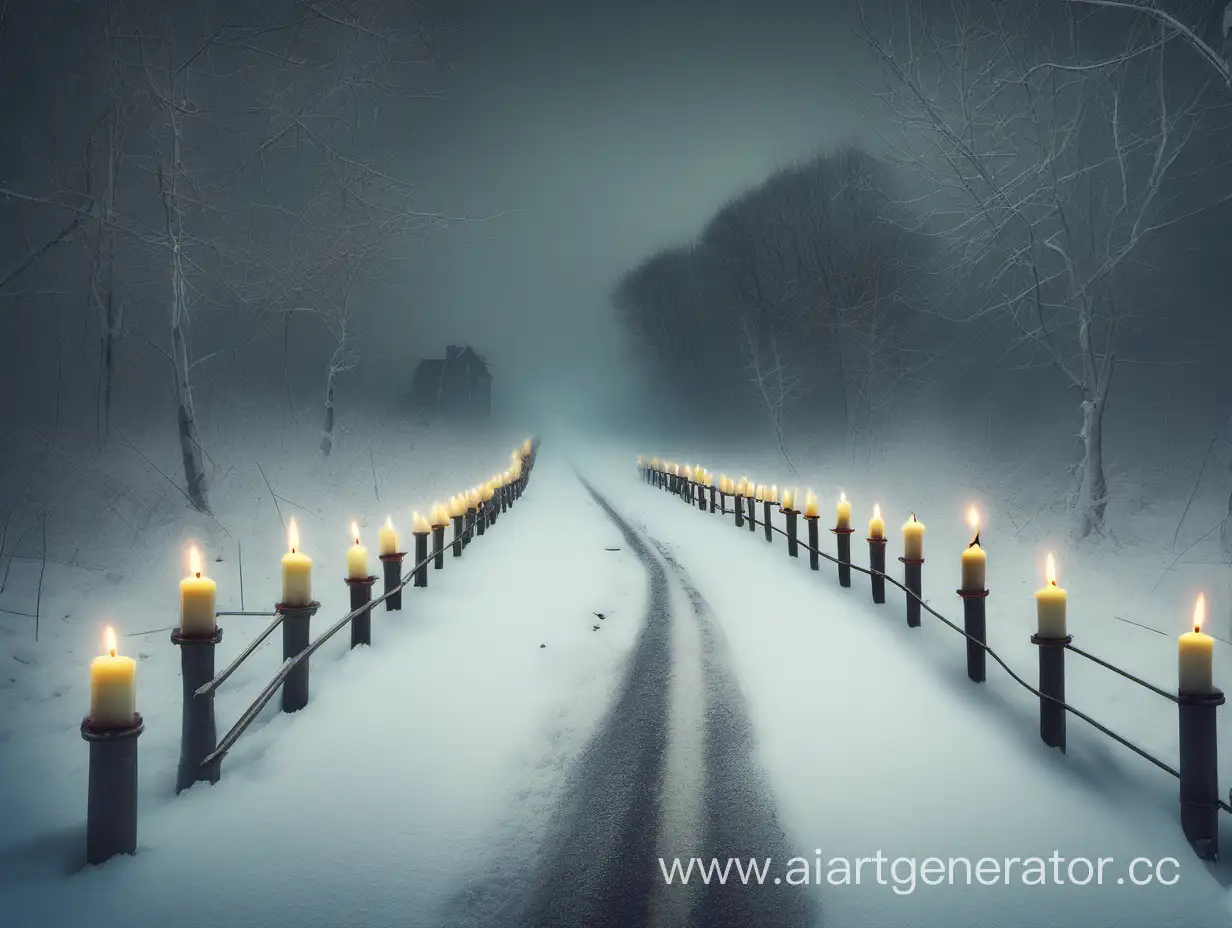 зимняя дорога к жуткому месту с потухшими свечами