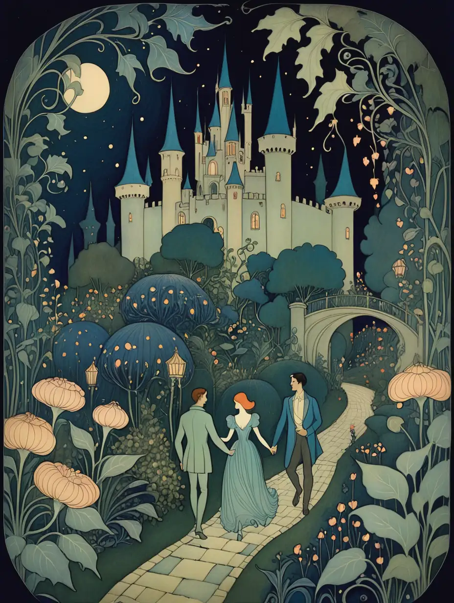 In the style of Dulac fairy tale illustration, a night time scene of a pleasure garden, a man and woman walking along a path, fantastical plants, flowers and vines, a castle in the background