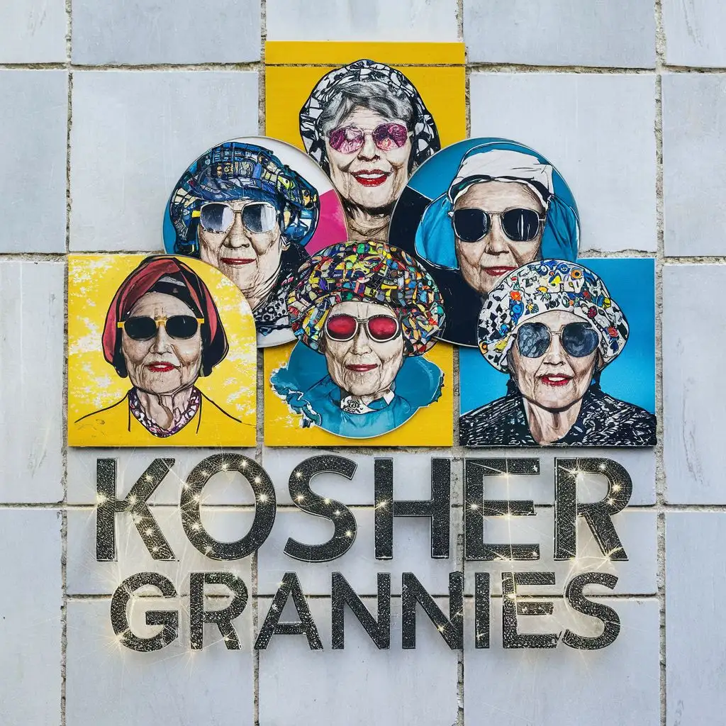 logo, Israel, yellow, blue, white, Jewish grannies with colorful headcovers and sunglasses, in discrete Israeli white tiles, Paul Klee, with fluorescent shining text "Kosher Grannies", typography, be used in art industry