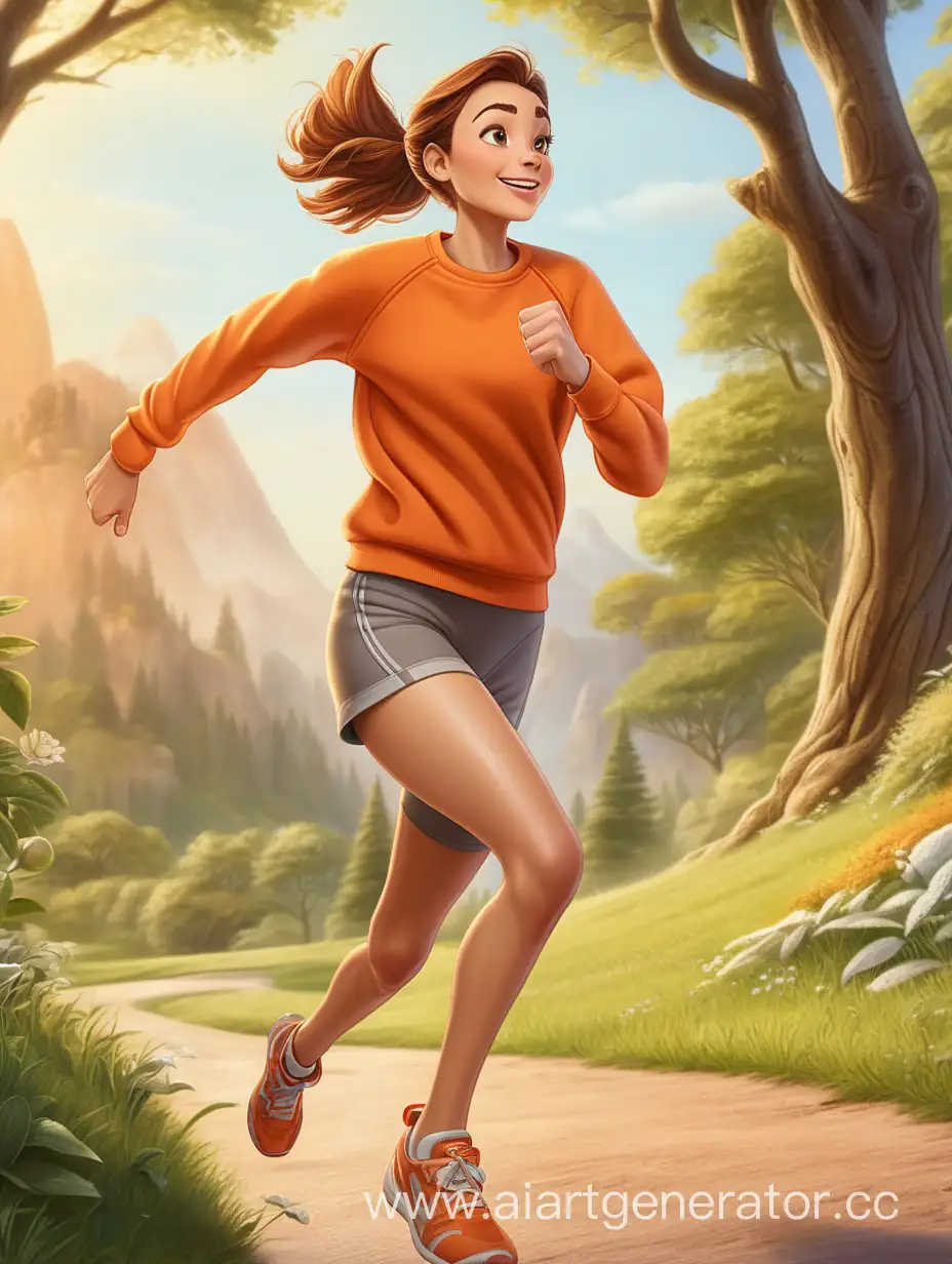 Женщина в оранжевой толстовке бежит на фоне природы, в стиле дисней