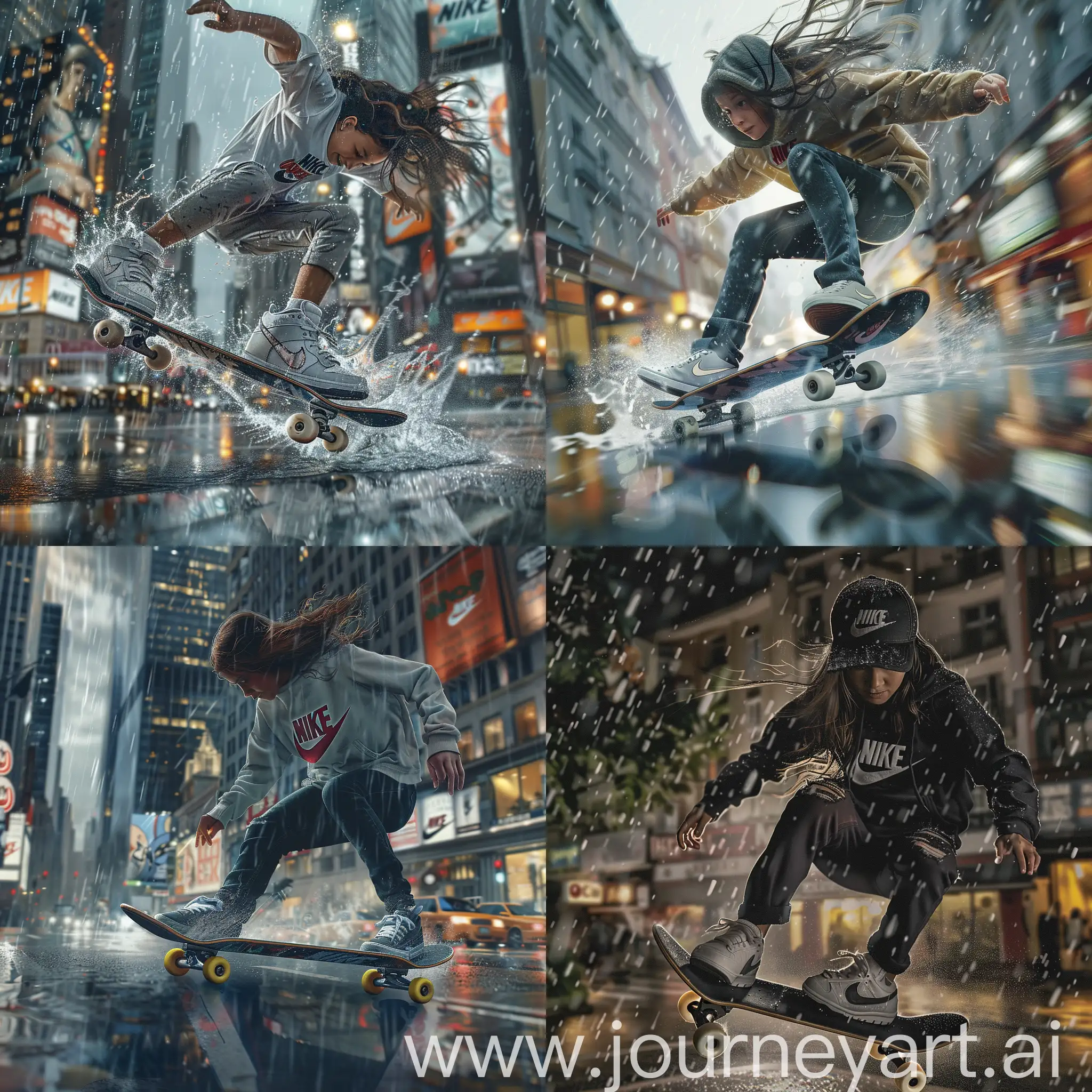 Girl-Skateboarding-in-Rain-with-Nike-Sneakers-Urban-Photography-Realism