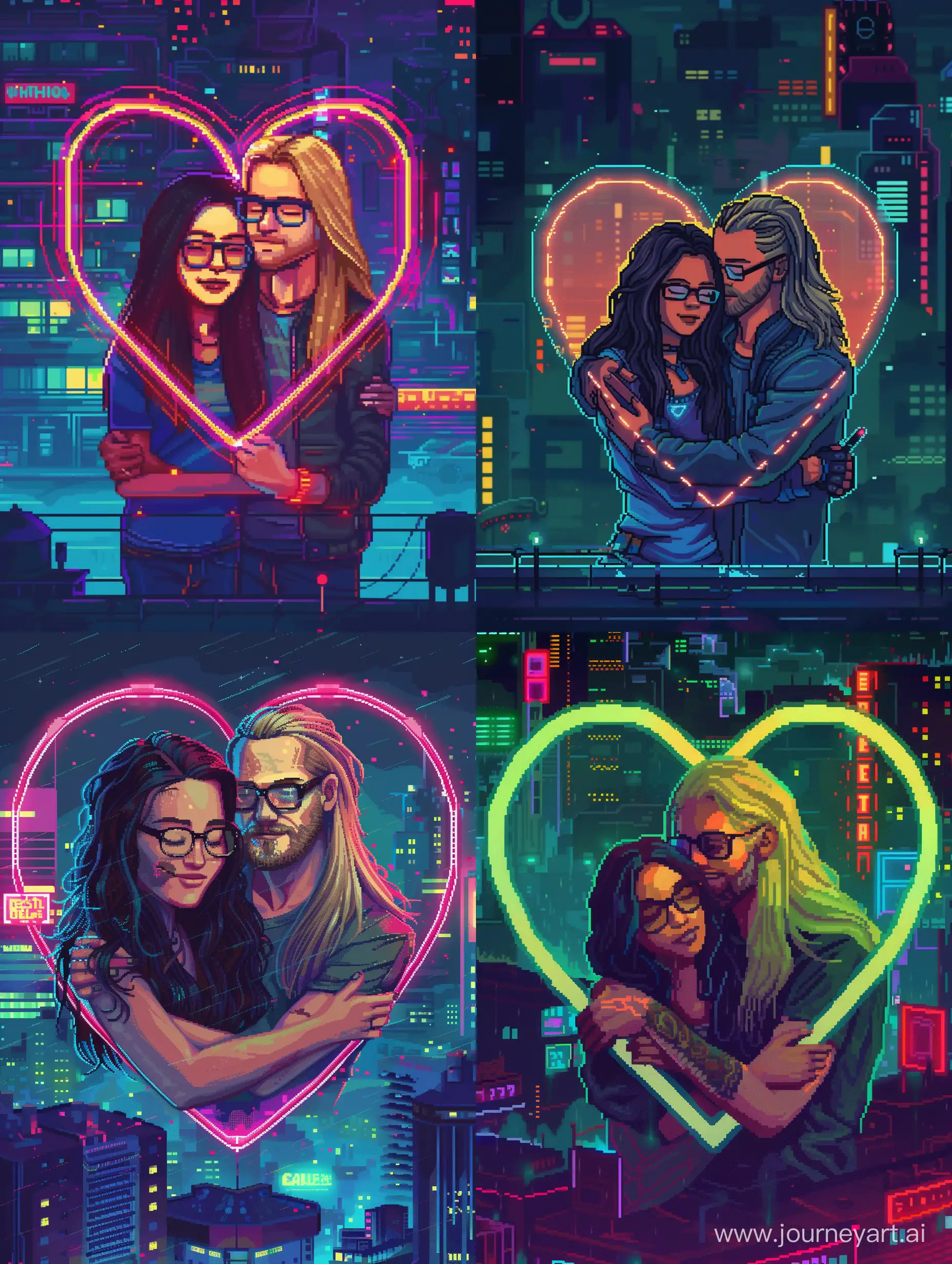 Draw in cyberpunk pixel art style. (Short white girl with long dark hair in glasses) hugging with (tall white man with long blond hairs). Put the pair inside a heartshape with neon, night city in background. --v 6 --ar 3:4 --no 26822