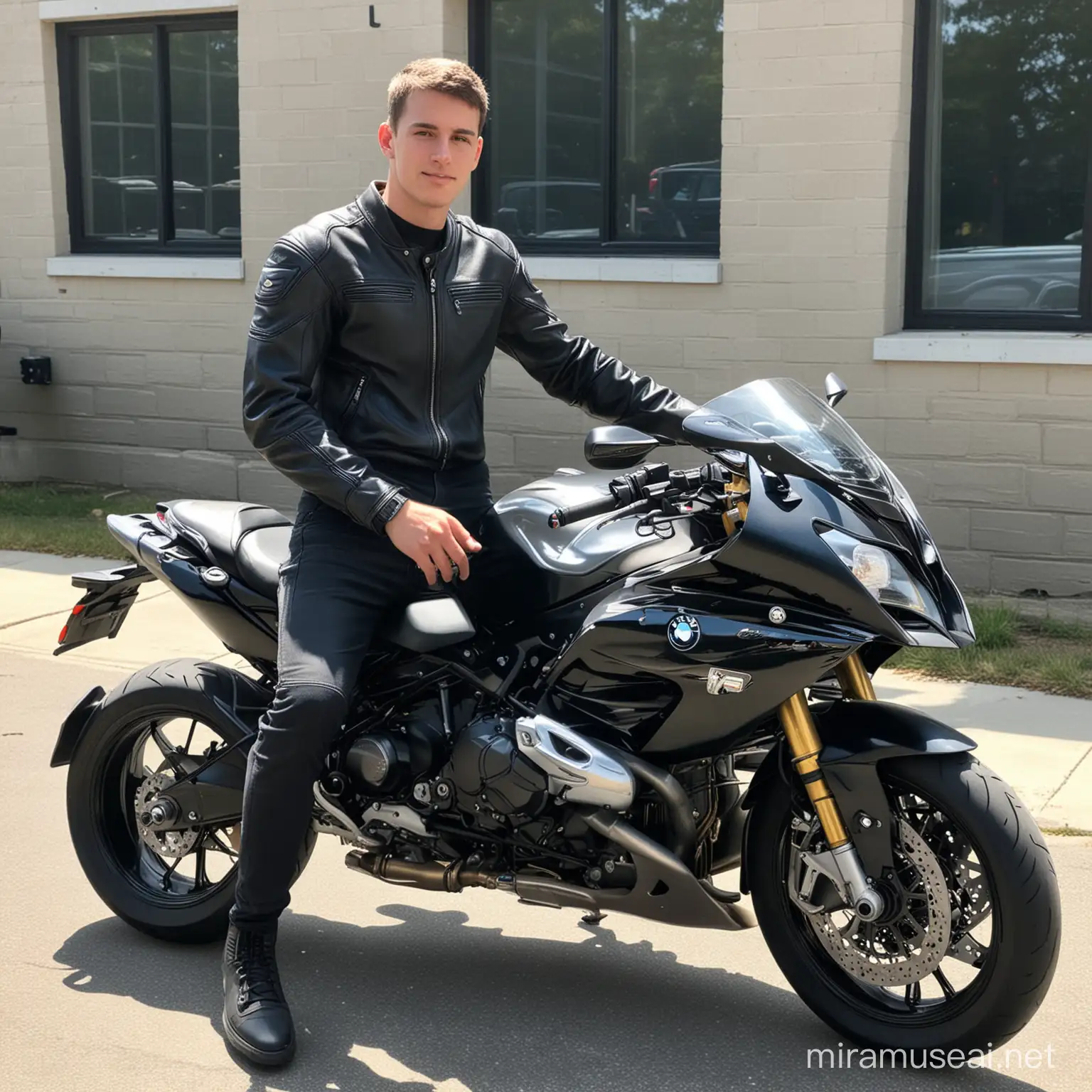 A photo of a young man with short hair sitting on his black BMW S1000 motorcycle, he is wearing all leather and has no helmet, the bike parked at school in Maine during summer break, posted to Snapchat in the style of 2098.
