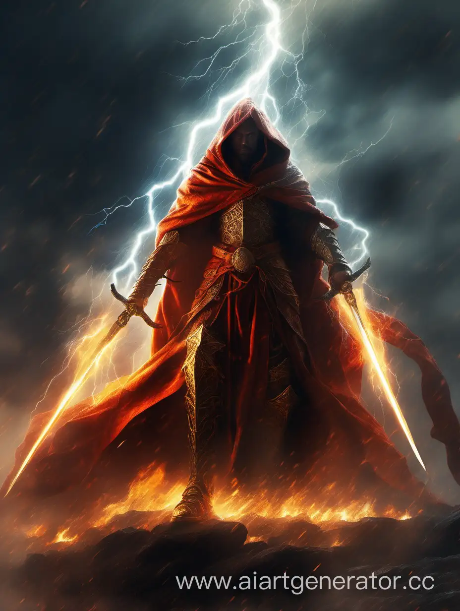 Воин объятый молниями с огненным плащом за спиной и двумя длинными мечами в руках.