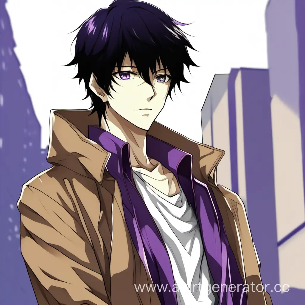 Аниме парень с черными волосами, фиолетовымт глазами, белой футболкой и коричневым пальто