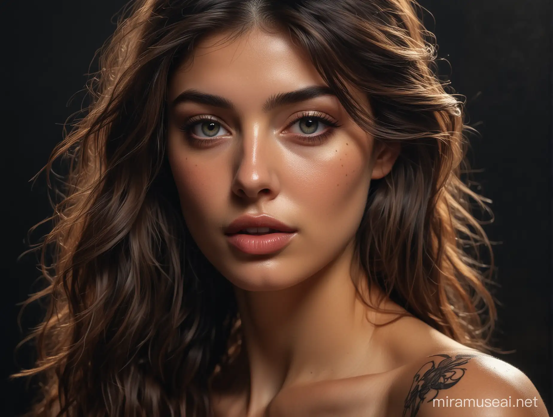 Moonlit Portrait of Captivating Woman Camila Morrone Covered in Tattoos