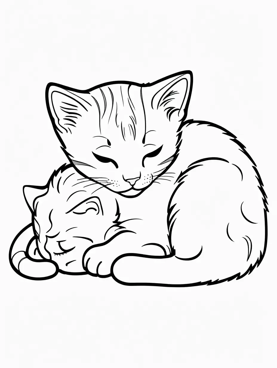 Very easy coloring page for 3 years old toddler. Kitten sleeping. Without shadows. Thick black outline, without colors and big  details. White background.