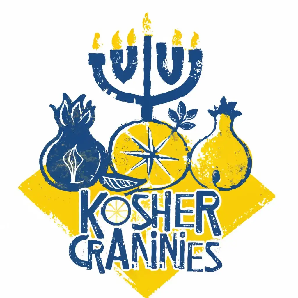 logo, Israel, yellow, blue, white, Menorah, Paul Klee, pomegranate, fig, lemon, star of David, on tablecloth, Jerusalem, with the simple text 'Kosher Grannies', typography, be used in the automotive industry