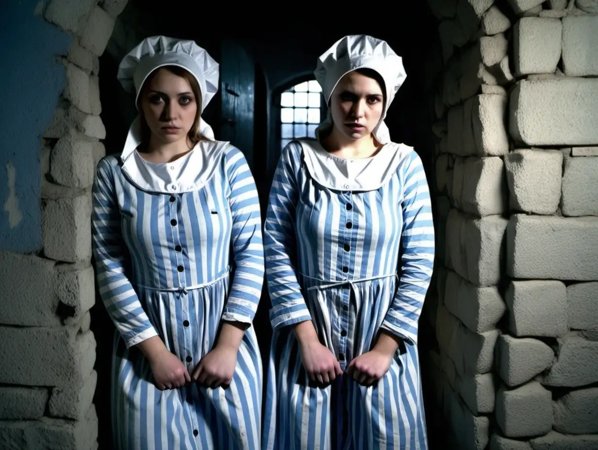 Two busty prisoner woman (25 years old, same dress) stand (far from each other)in a prisoncell (Stone walls, small window) in dirty ragged blue-white vertical striped longsleeve midi-length buttoned gowndress(smallshortbonnet , collarless, roundneck, sad and desperate), look into camera, hands cuffed behind