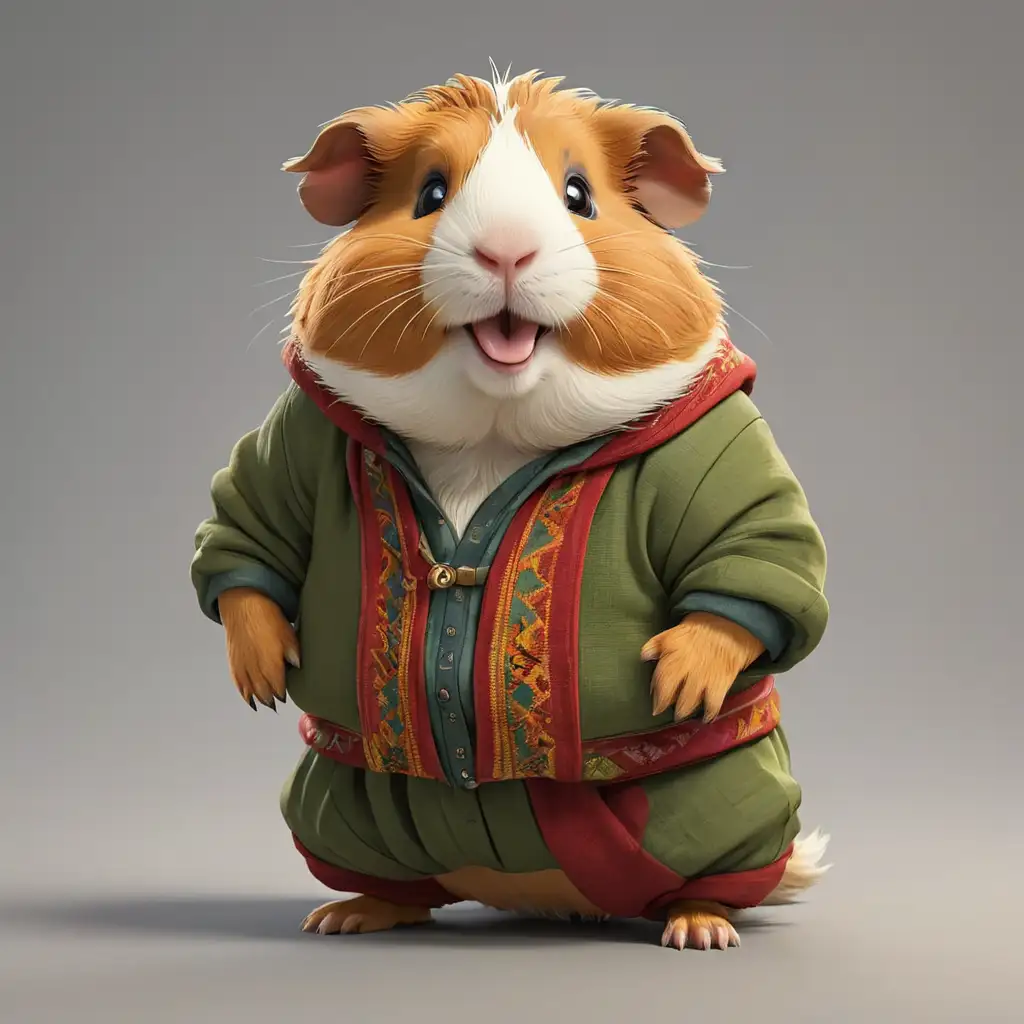 a happy Guinea pig in cartoon style in full body with kurdish clothes with clear background