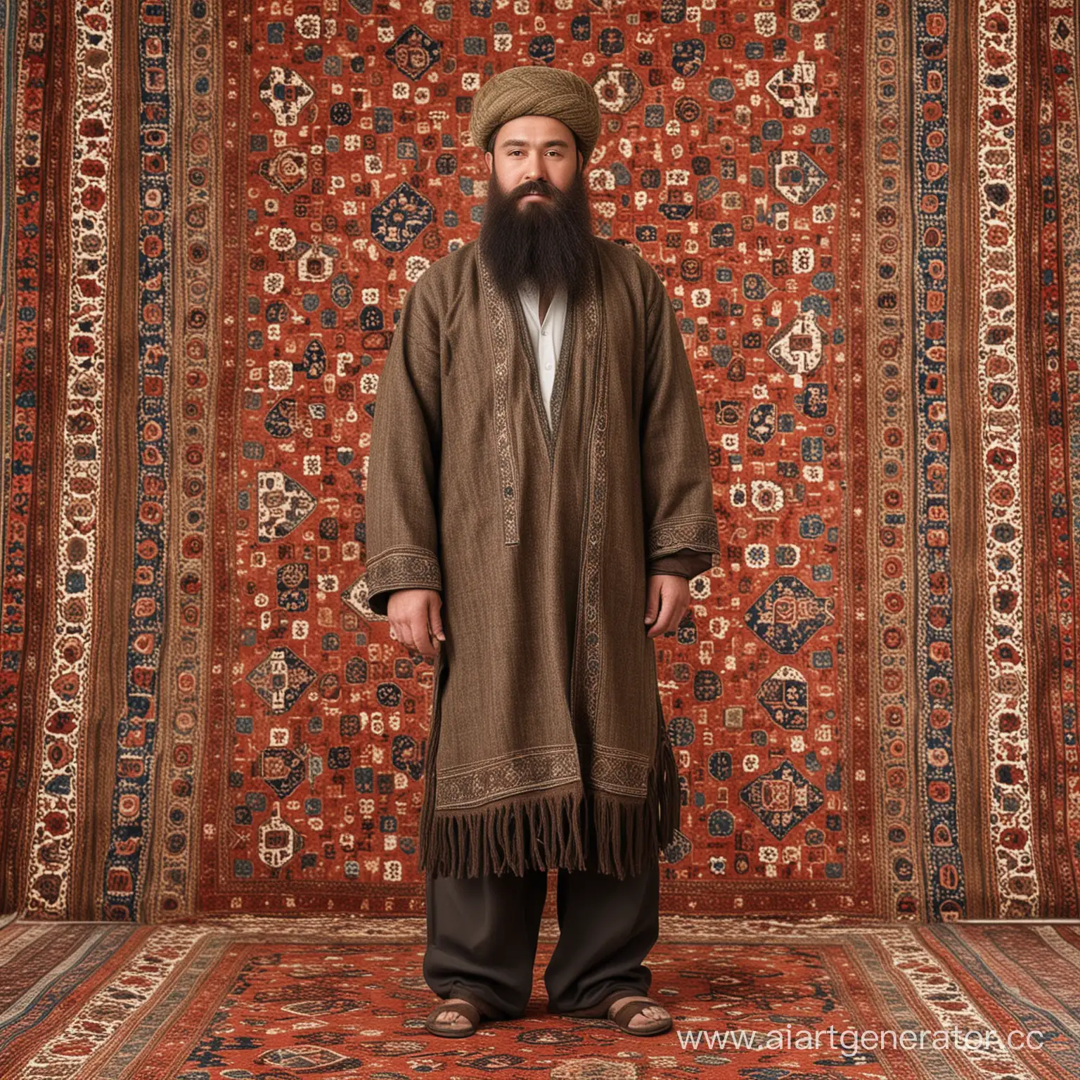 Создай узбека в полный рост, который стоит на ковре, у него большое пузо и борода.