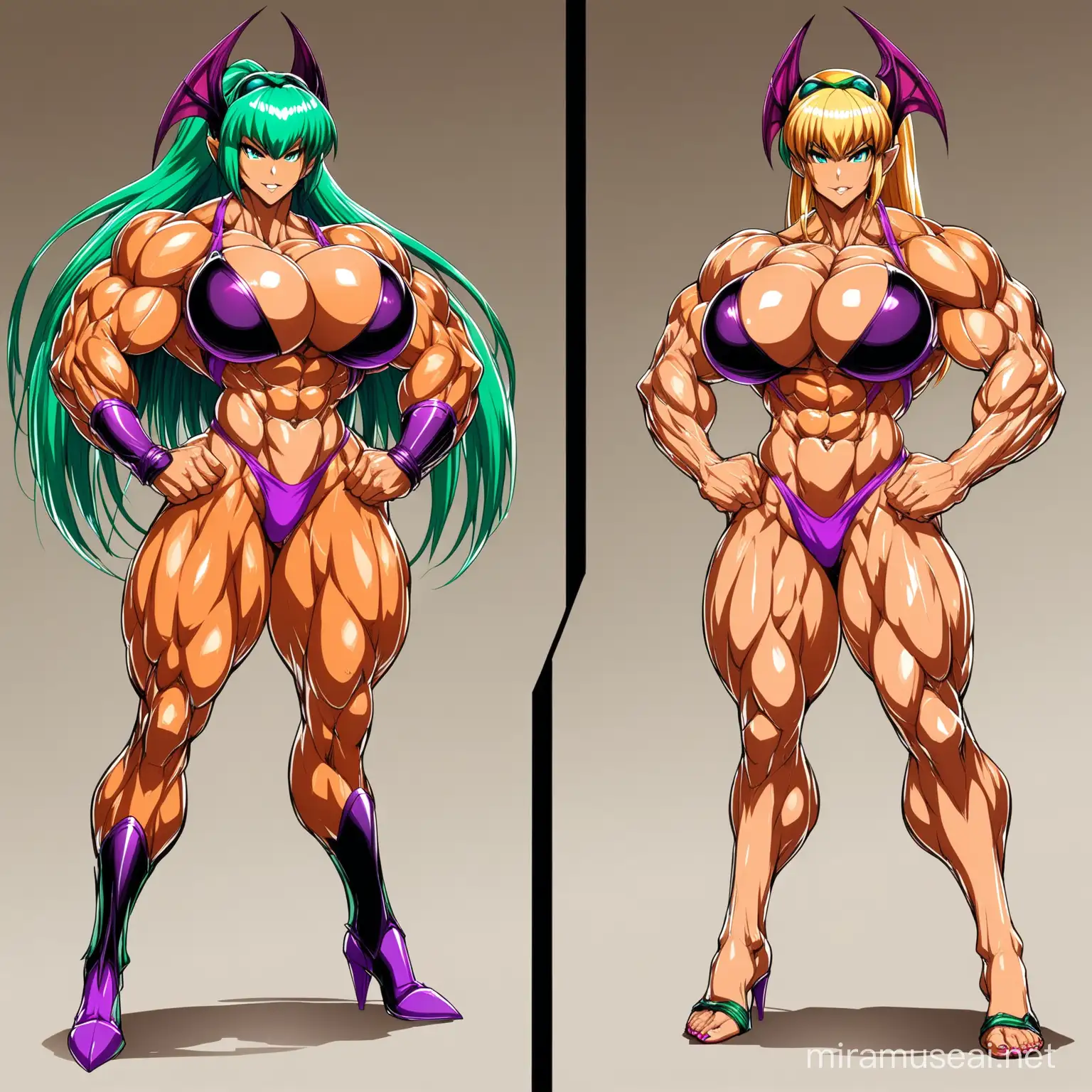 Fusion of: (((Generalissimo Samus Aran from "Metroid" Empress Morrigan Aensland from "Darkstalkers"))), (((amazingly extra gigantic breasts))),(((muscularly voluptuous body))),((((muscular abs,tanned-skin)))), by artist Kentaro Miura,