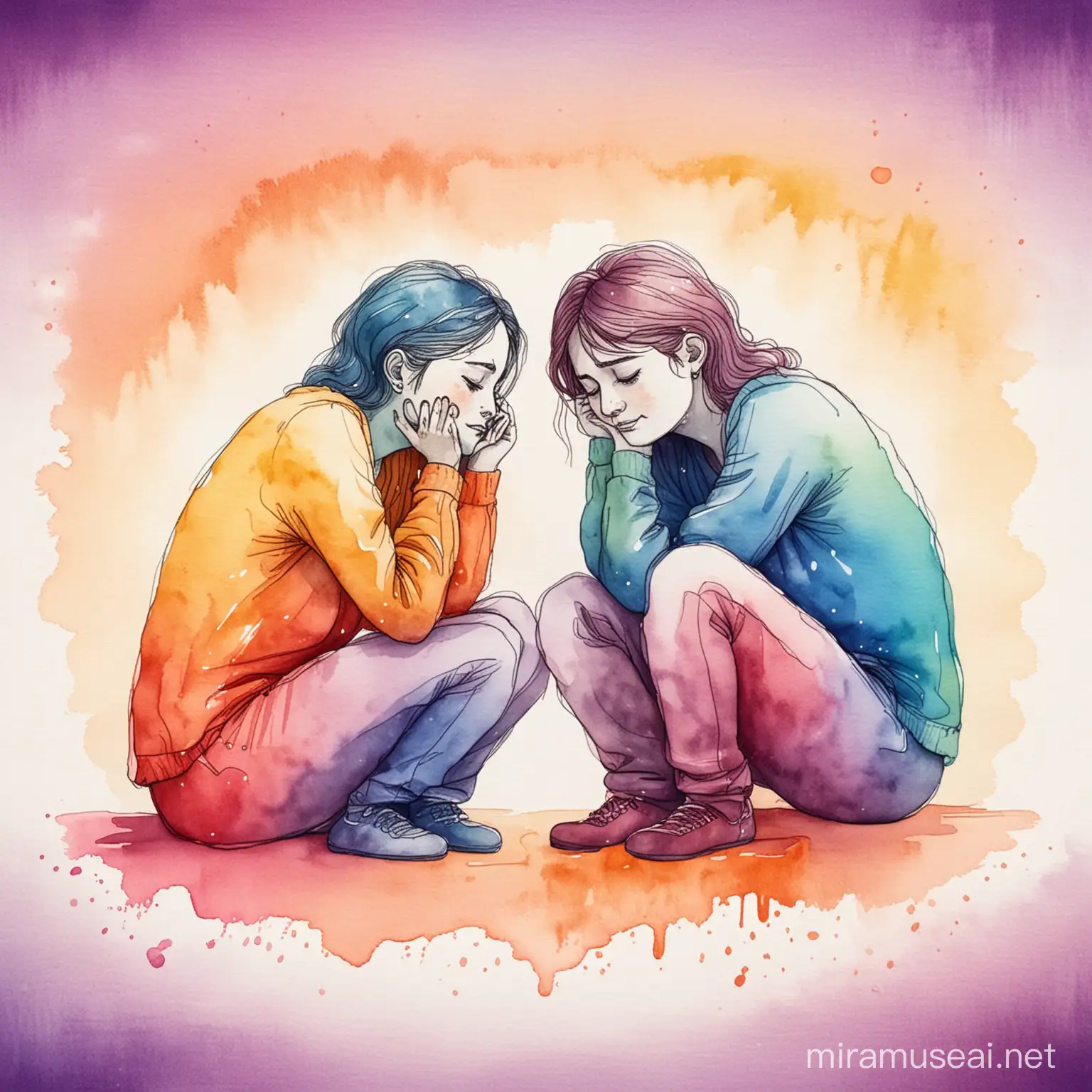 Style: Hand-drawn Visual Thinking Styles
Form: Gradient Watercolor
Content: Two figures sit facing each other, one is crying and the other is comforting.
Background: bright colors
