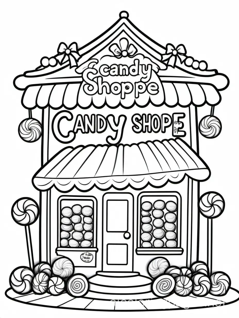 CANDY SHOPPE, Coloring Page, black and white, line art, white background, Simplicity, Ample White Space. The background of the coloring page is plain white to make it easy for young children to color within the lines. The outlines of all the subjects are easy to distinguish, making it simple for kids to color without too much difficulty