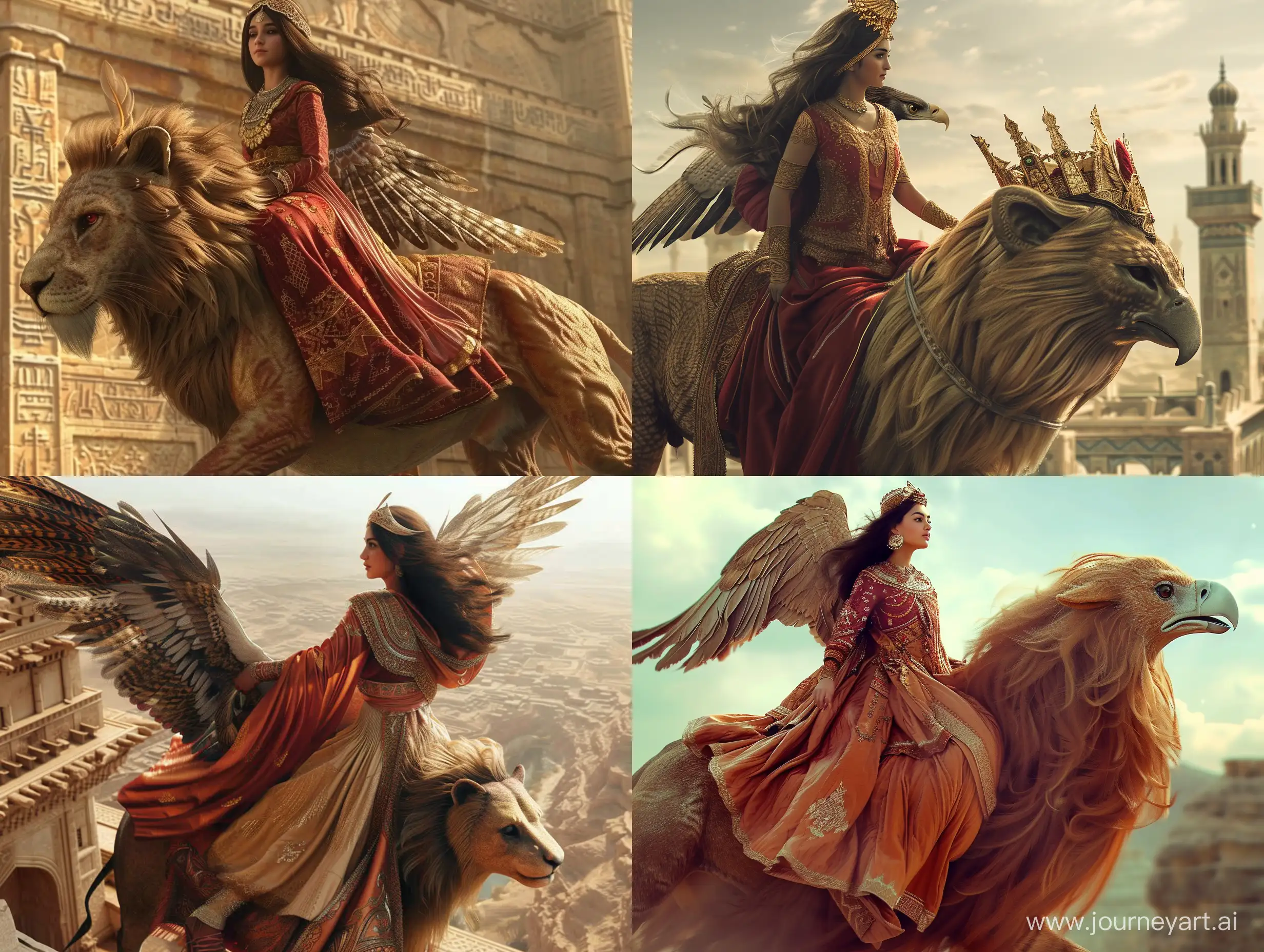 The beautiful Persian princess is riding on the back of an animal whose head is like an eagle's head and the body of that animal is like the body of a lion. in an ancient civilization, cinematic, epic realism,8K, highly detailed, bird's eye view. make a realistic photo 