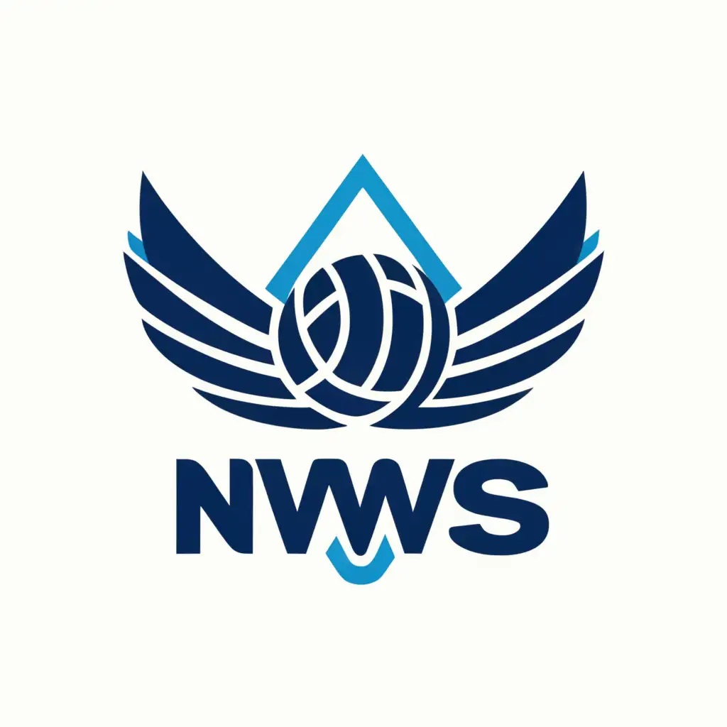 a logo design,with the text "NVWS", main symbol:Volleyball with wings with only the colors blue, white, black, and yellow,Minimalistic,clear background