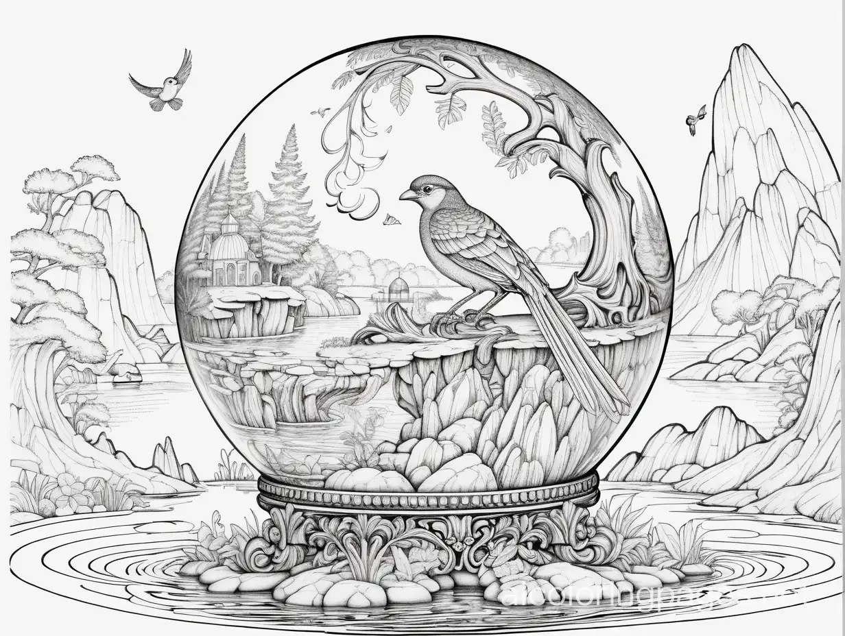 Insanely detailed and elaborate fantasy bird in a rococo embellished glass globe floating in a lake of molten lava, Coloring Page, black and white, line art, white background, Simplicity, Ample White Space. The background of the coloring page is plain white to make it easy for young children to color within the lines. The outlines of all the subjects are easy to distinguish, making it simple for kids to color without too much difficulty