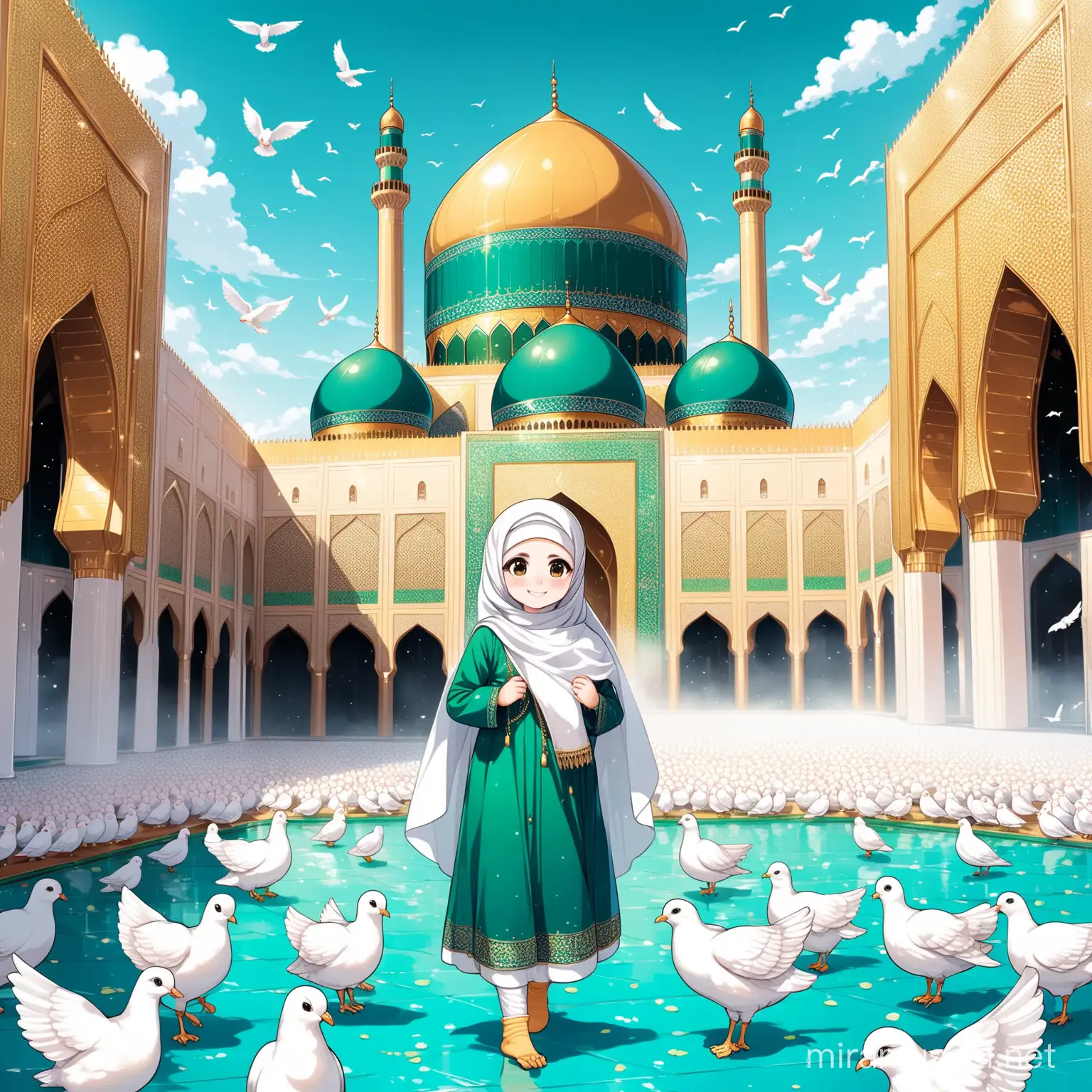Character Persian little girl(full height, big white flag in hand proudly, Muslim, with emphasis no hair out of veil(Hijab), smaller eyes, bigger nose, white skin, cute, smiling, wearing socks, clothes full of Persian designs).

Atmosphere beautiful shrine of Imam Reza, Yard, pond with geyser, A lot of pigeons, nobody.