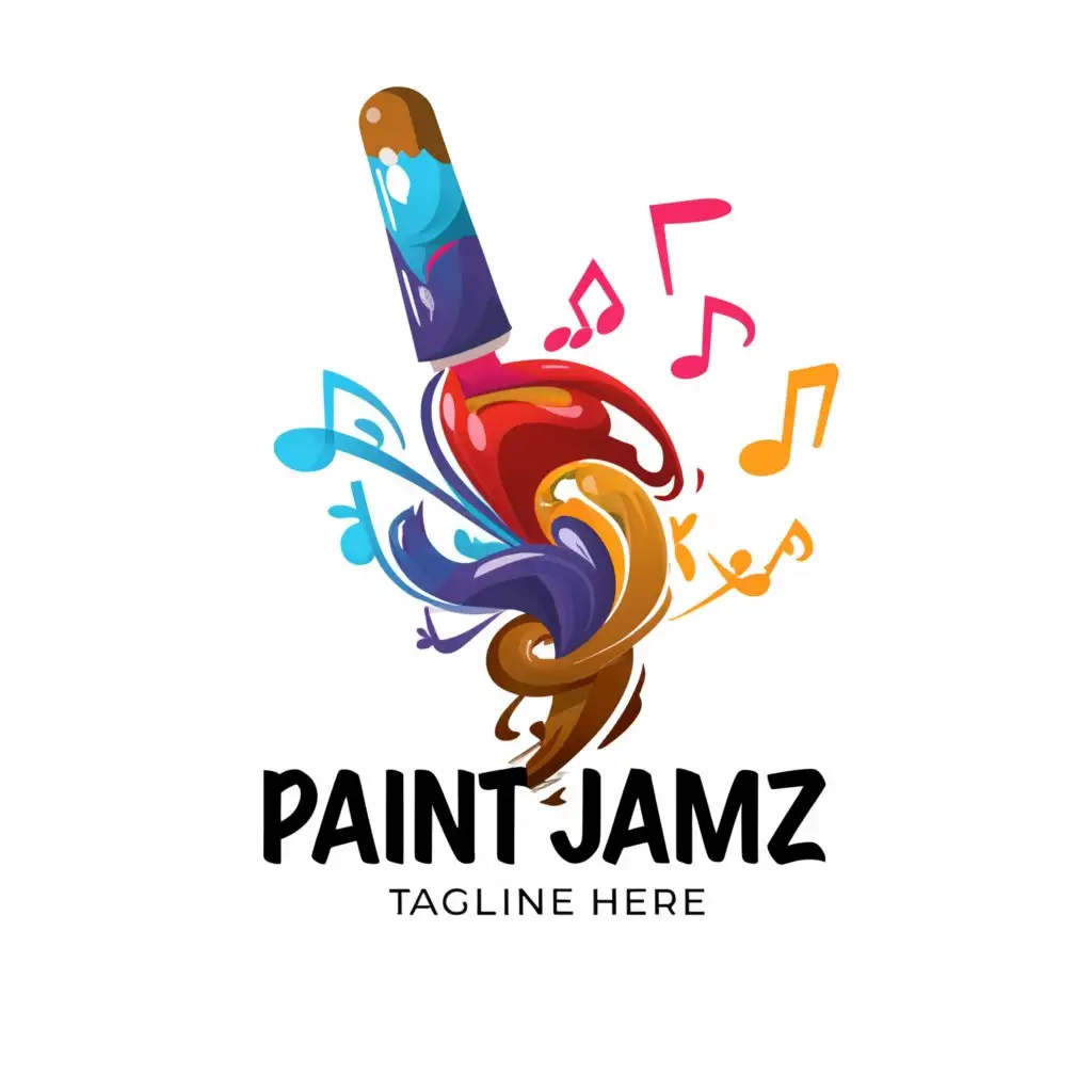 a logo design,with the text "Paint Jamz", main symbol:The logo features vibrant, playful colors like bright blue, energetic yellow, and lively red. The central image is a paintbrush, dipped in colorful paint, swirling around to create dynamic movement. Behind the paintbrush, there's a subtle silhouette of children dancing and painting, with music notes floating around them. The text "Paint Jamz" is written in a fun and bold font, with each letter slightly tilted to convey a sense of playfulness and creativity ( use neon colors),Moderate,be used in Events industry,clear background