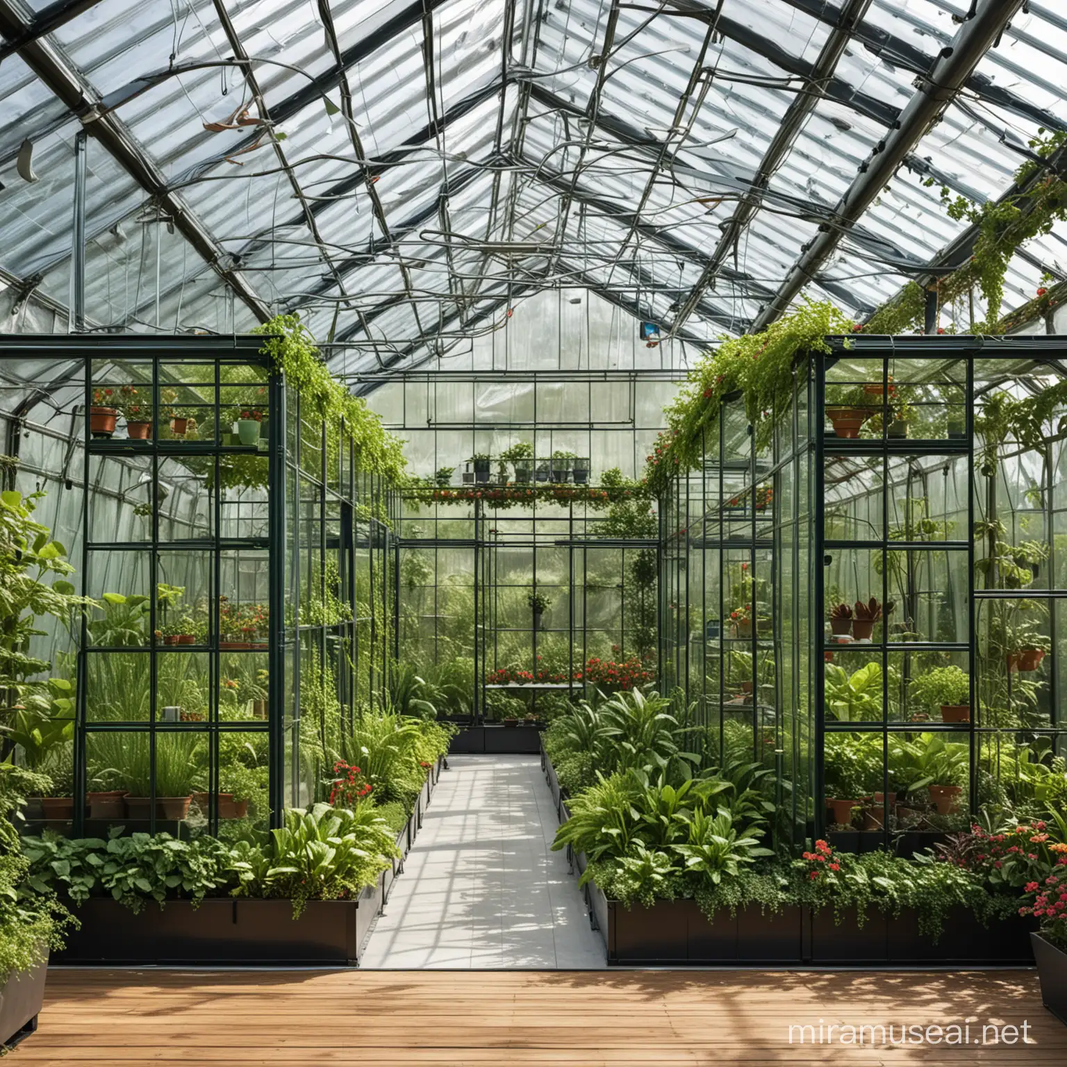 imagine a modern large green house with vertical gardens and plant beds of polycarbonate sheeting and galvanised steel structure