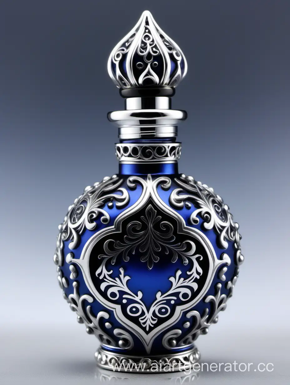 Incredibly detailed, elaborate, embellished potion bottle containing the elixir of life decorative ornamental Zamac Perfume cap, and bottle Dark blue, silver color with dark black square arabesque pattern shaped | metallizing finish