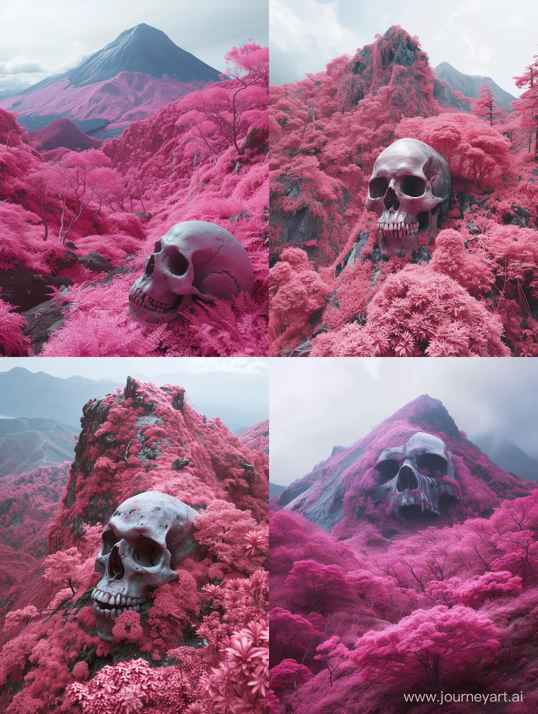 A mountain in Japan where all the vegetation is pink, the skull is very well detailed, 8k Ultra HD, hyper realistic