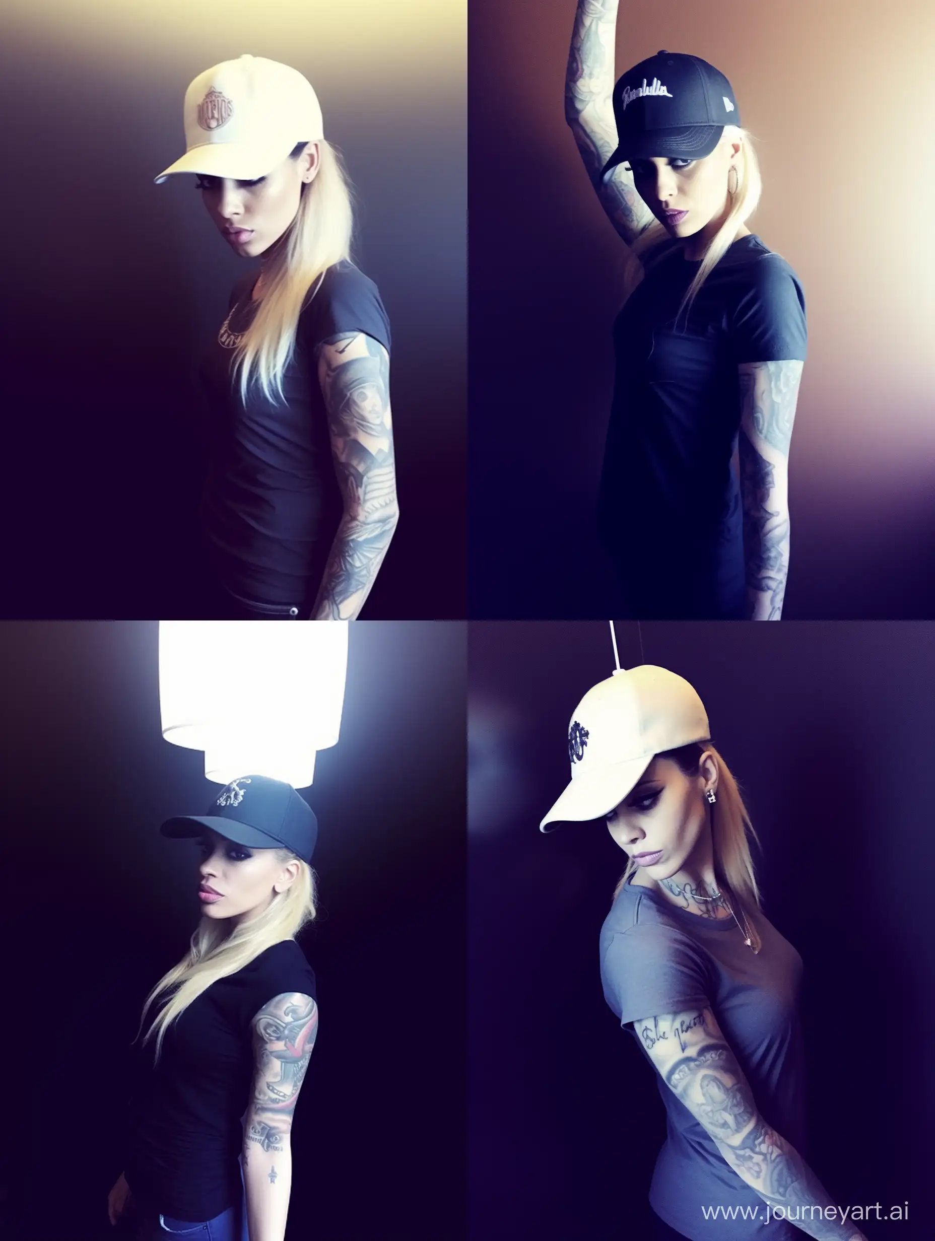Interior selfie of a woman with tall blonde with tattoos and a beautiful nose in a cap, shot on a low camera quality phone
