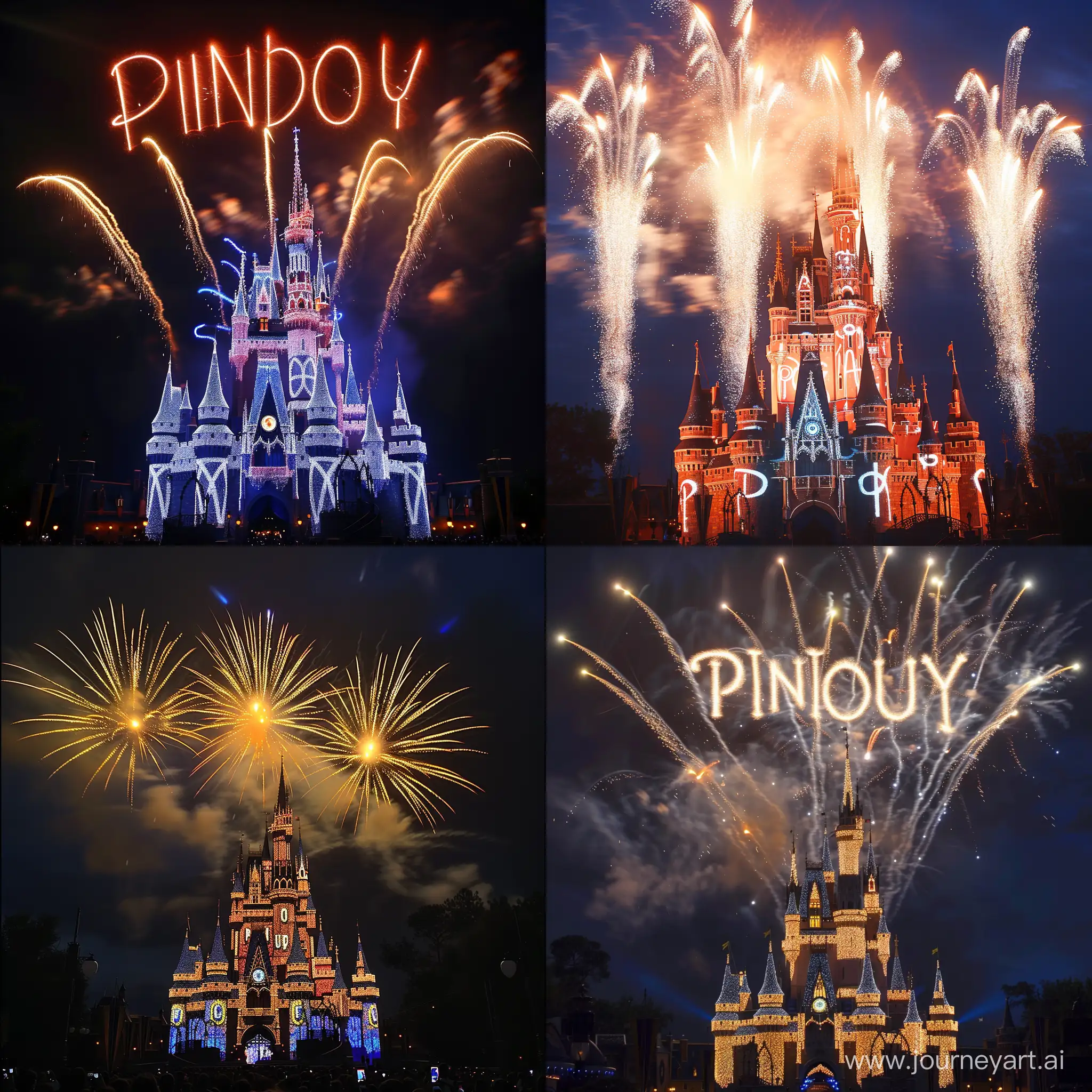 迪士尼城堡的烟花，形成了Pinjoy的字样