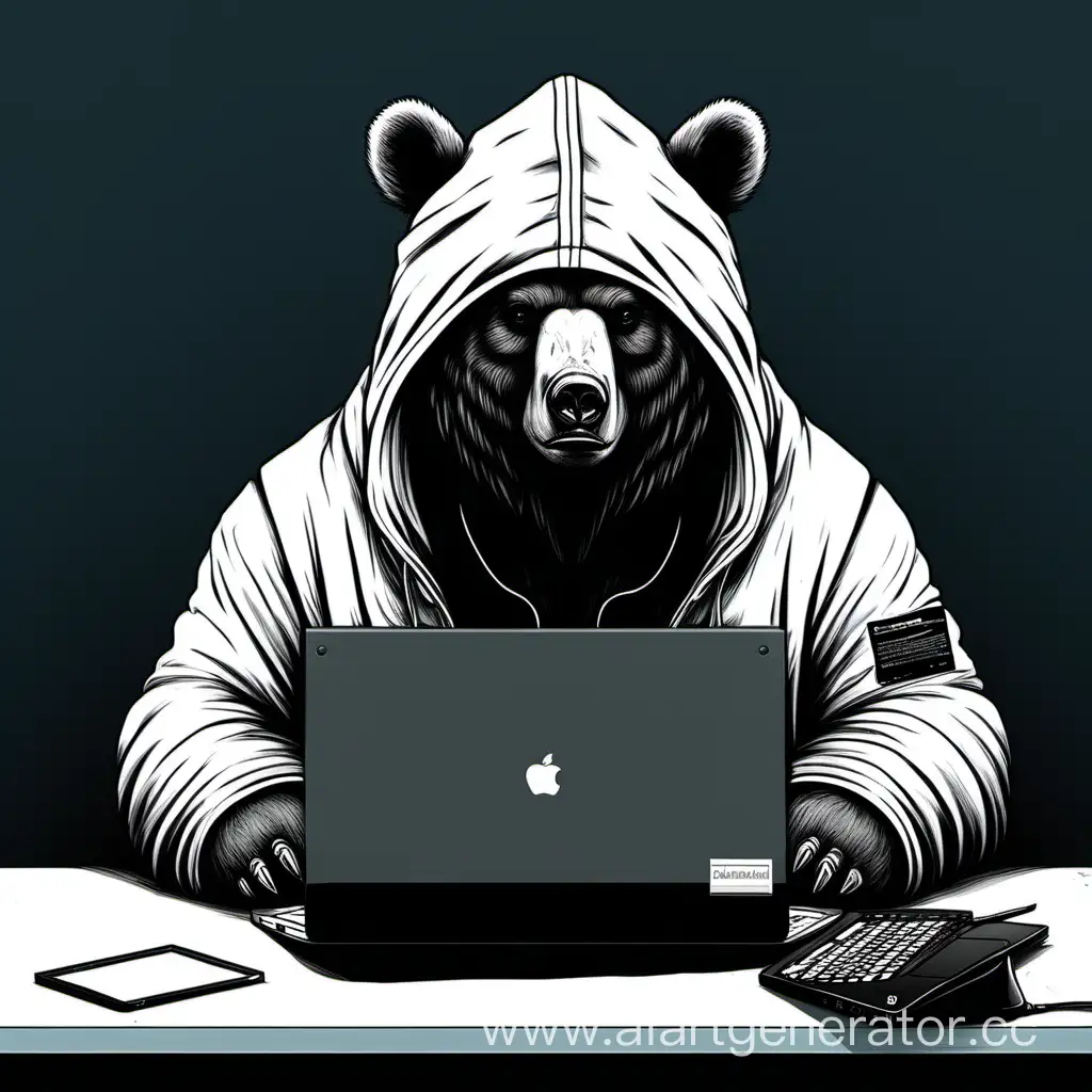 сибирский медведь сидит в темной комнате в капюшоне и работает за чёрным ноутбуком lenovo thinkpad