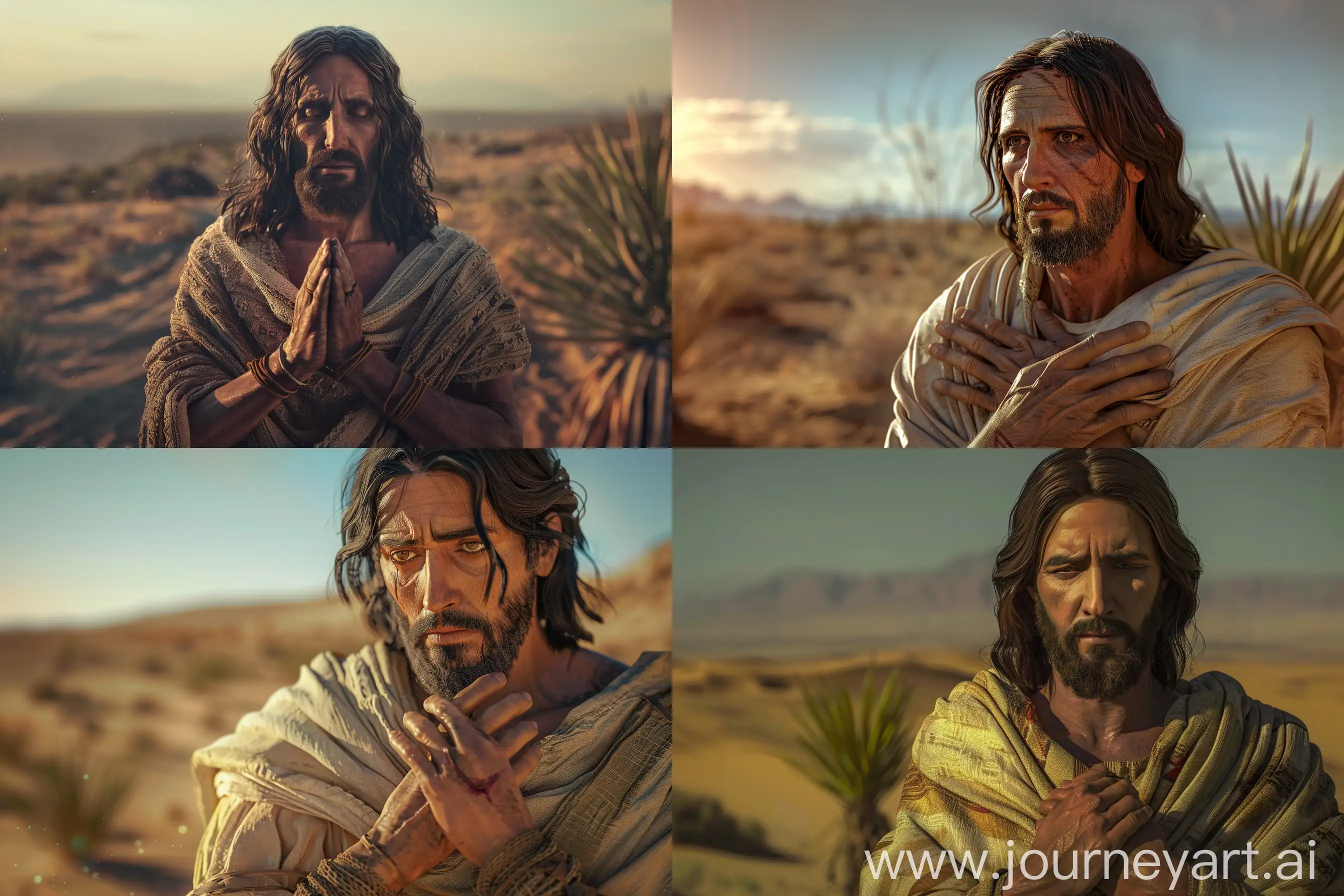 photorealistic Jesus is depicted with his hands crossed in front of his chest, standing in front of a desert landscape, full-face photo, divine photo, ultrarealistic, detailed, RTX, shot on Sony 7R, bokeh, —ar 3:2 