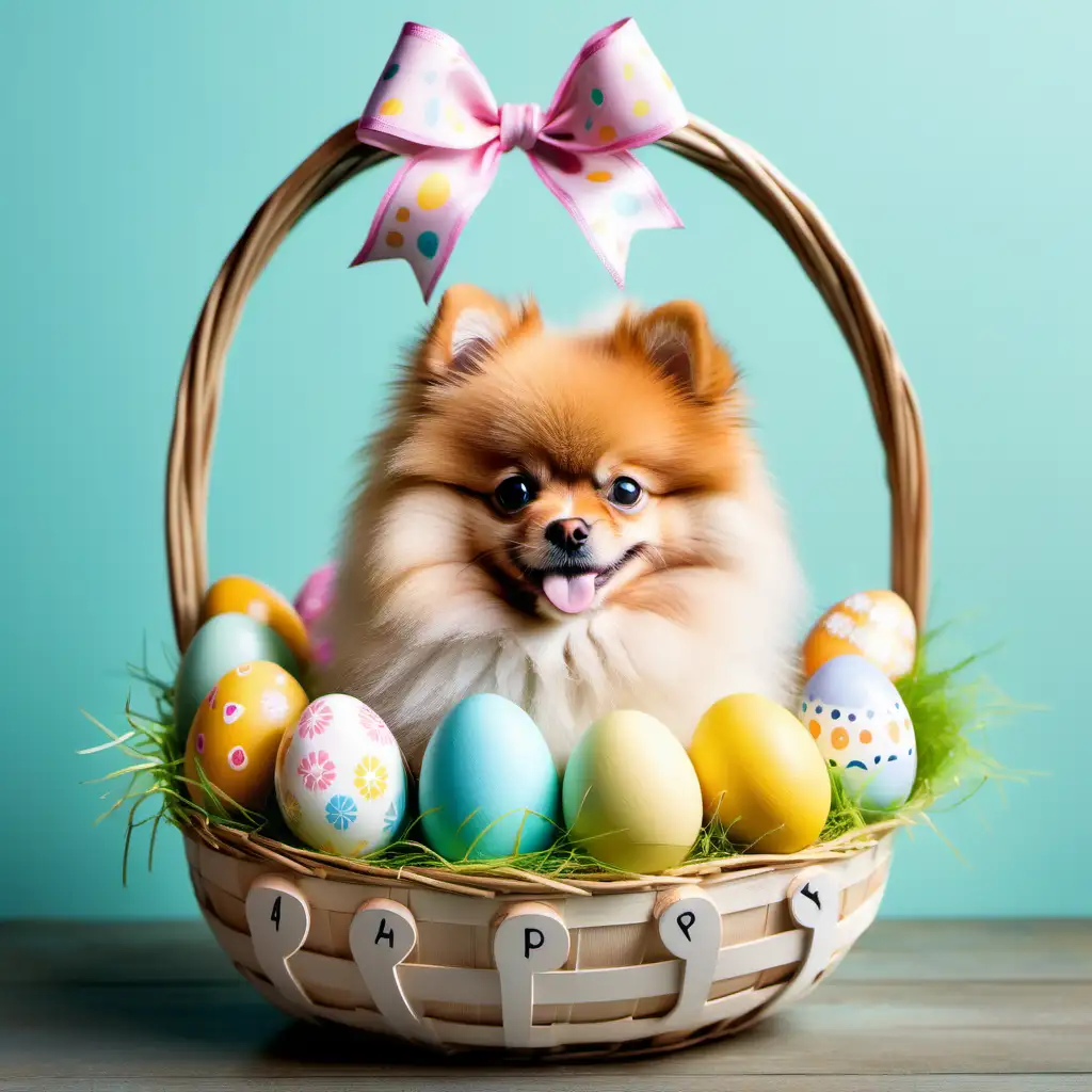 Design a charming Easter greeting featuring an adorable Pomeranian puppy surrounded by festive elements like colorful eggs, spring flowers, and perhaps a whimsical Easter basket. Incorporate the text 'Happy Easter' in a playful font, making it a heartwarming and delightful design that captures the joy of the season.