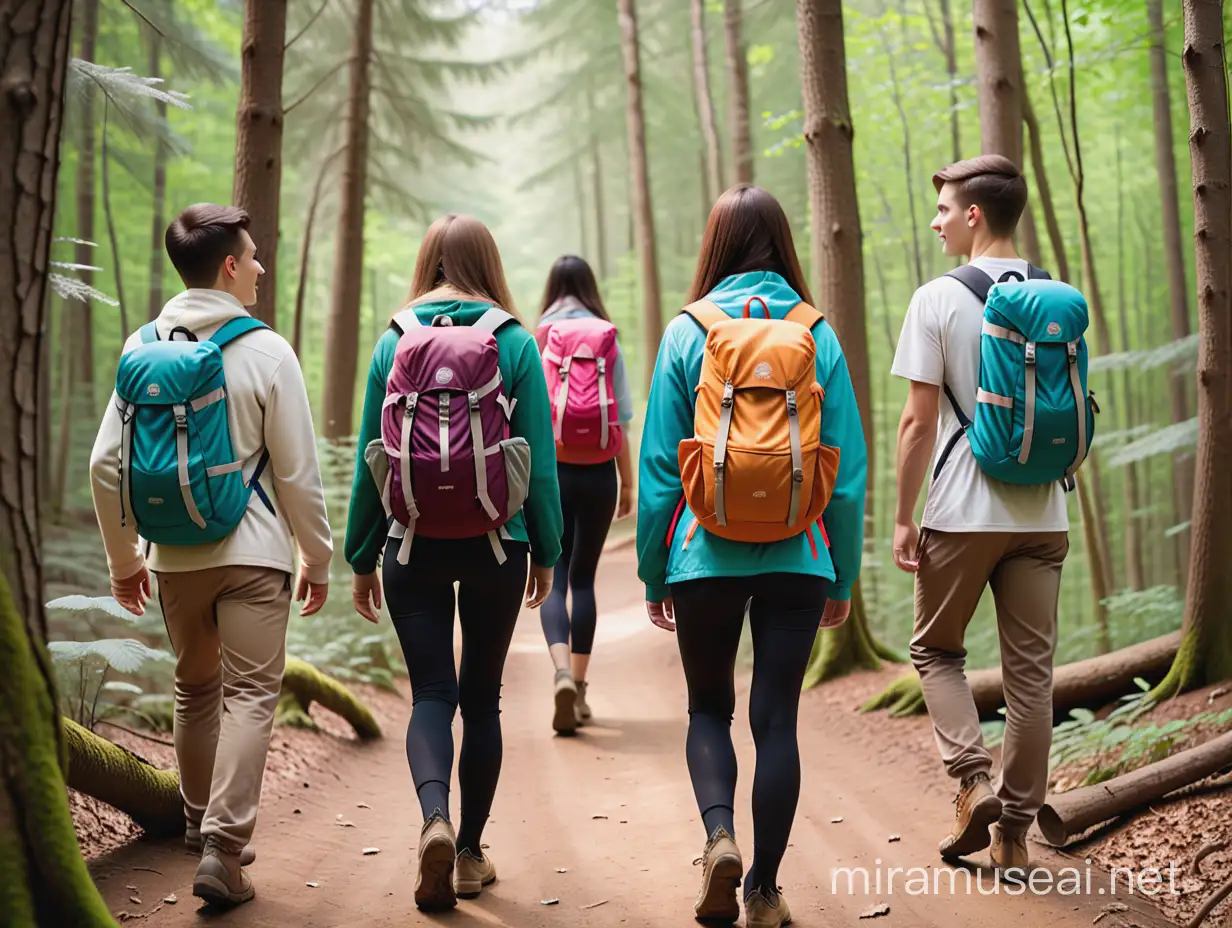 fanciful image of young adults on a hiking adventure in the woods seen from rear, no faces
