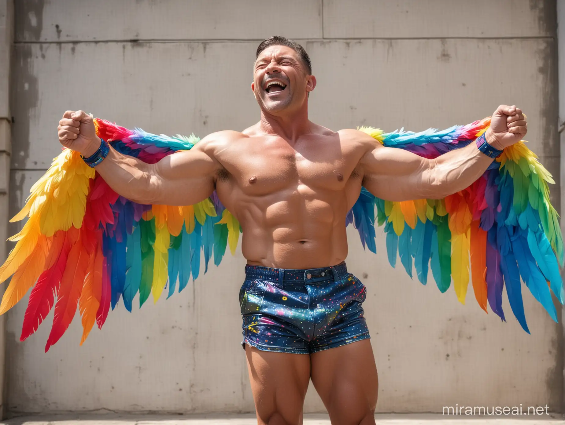 40s Ultra Beefy IFBB Bodybuilder Flexing with Bright Rainbow Coloured Eagle Wings Jacket and Doraemon