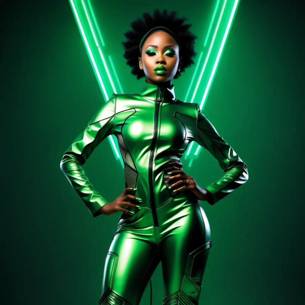 Beautiful young african lady hot music single album cover. Dressed in futuristic green outfit