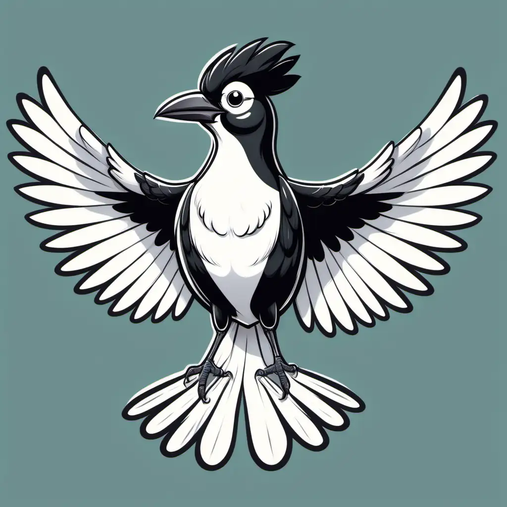 cartoon drawing of black and white magpie with wings spread