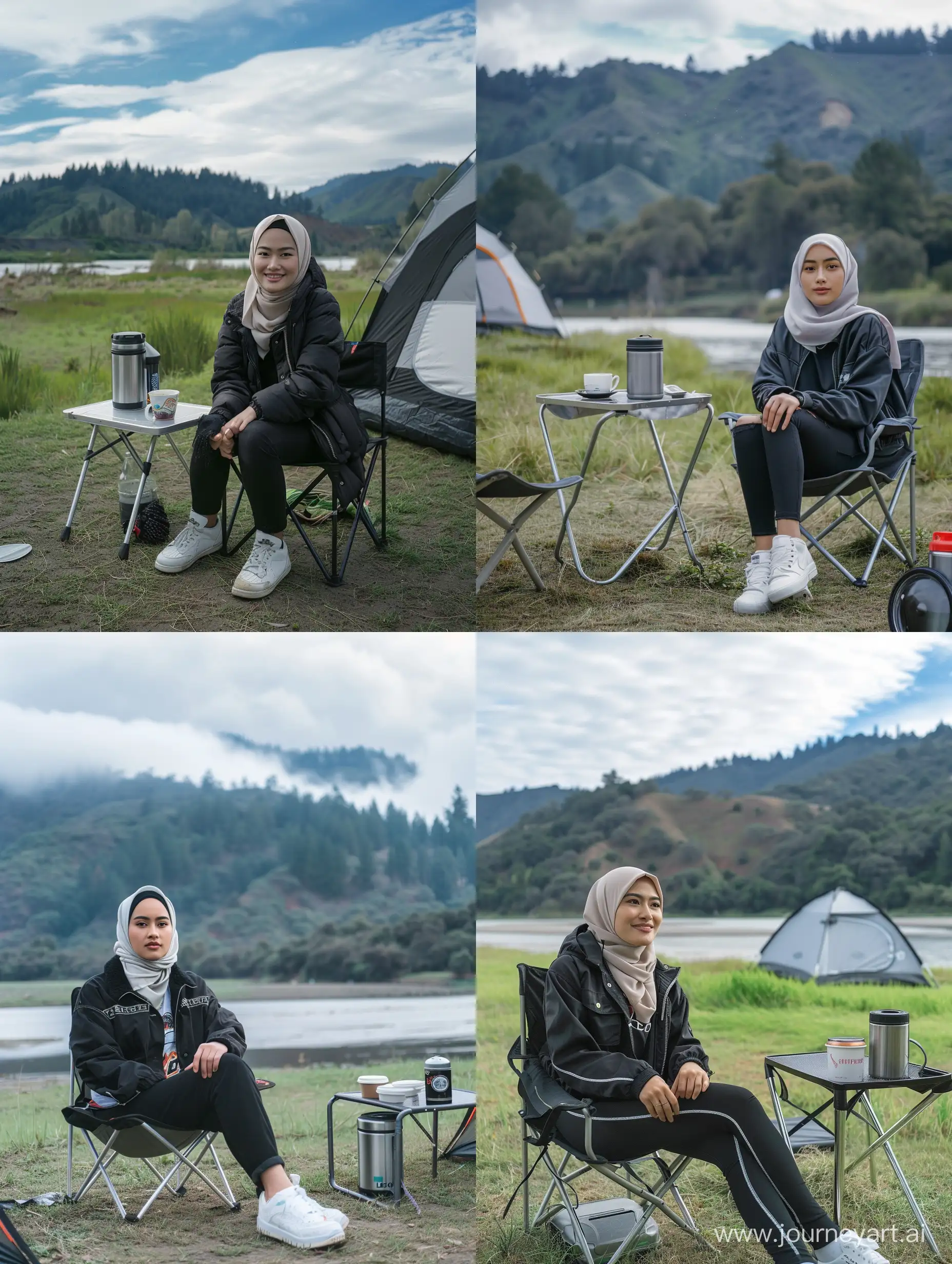 This beautiful Indonesian woman wearing a hijab has a clean face, wearing a black trucker jacket, black pants and white shoes. Sit on a portable folding chair in front of the tent. Next to him was a cup of hot coffee and a thermos of hot water placed on a portable folding table. It is located on the banks of the American River and the surrounding grass is very green and fresh, with a backdrop of high forested mountains in . White clouds in the sky, minimal light. Ultra HD, original photo, high detail, ultra sharp, 18mm lens, realistic, photography, Leica camera