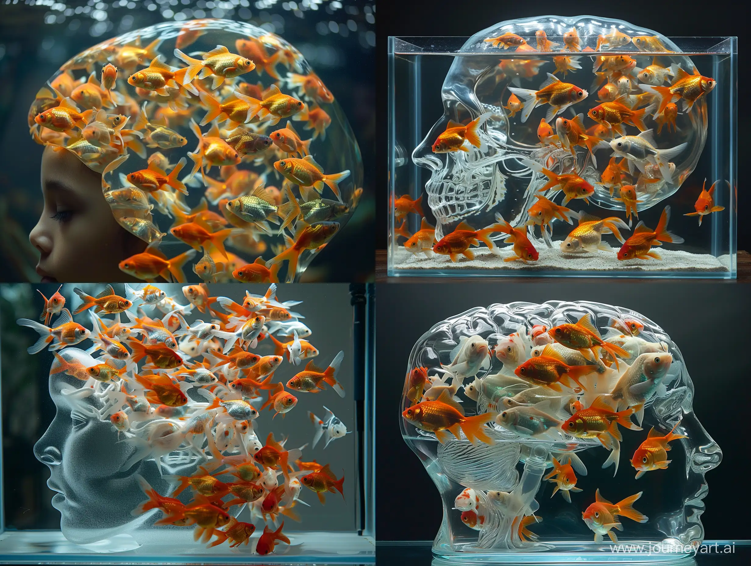 A perfectly human shaped aquarium is filled with goldfish swimming —stylize 250